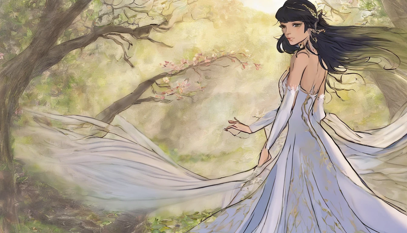 (A beautiful goddess with long black hair),(Beautiful and kind),(Continuous action),(Storyboard)