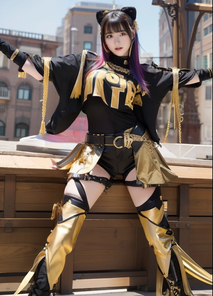 infp young woman、Good Style、Colorful hair、、Idol face、large full breasts、、Shorts、Colorful tights、Junk Armor、Black and gold costume