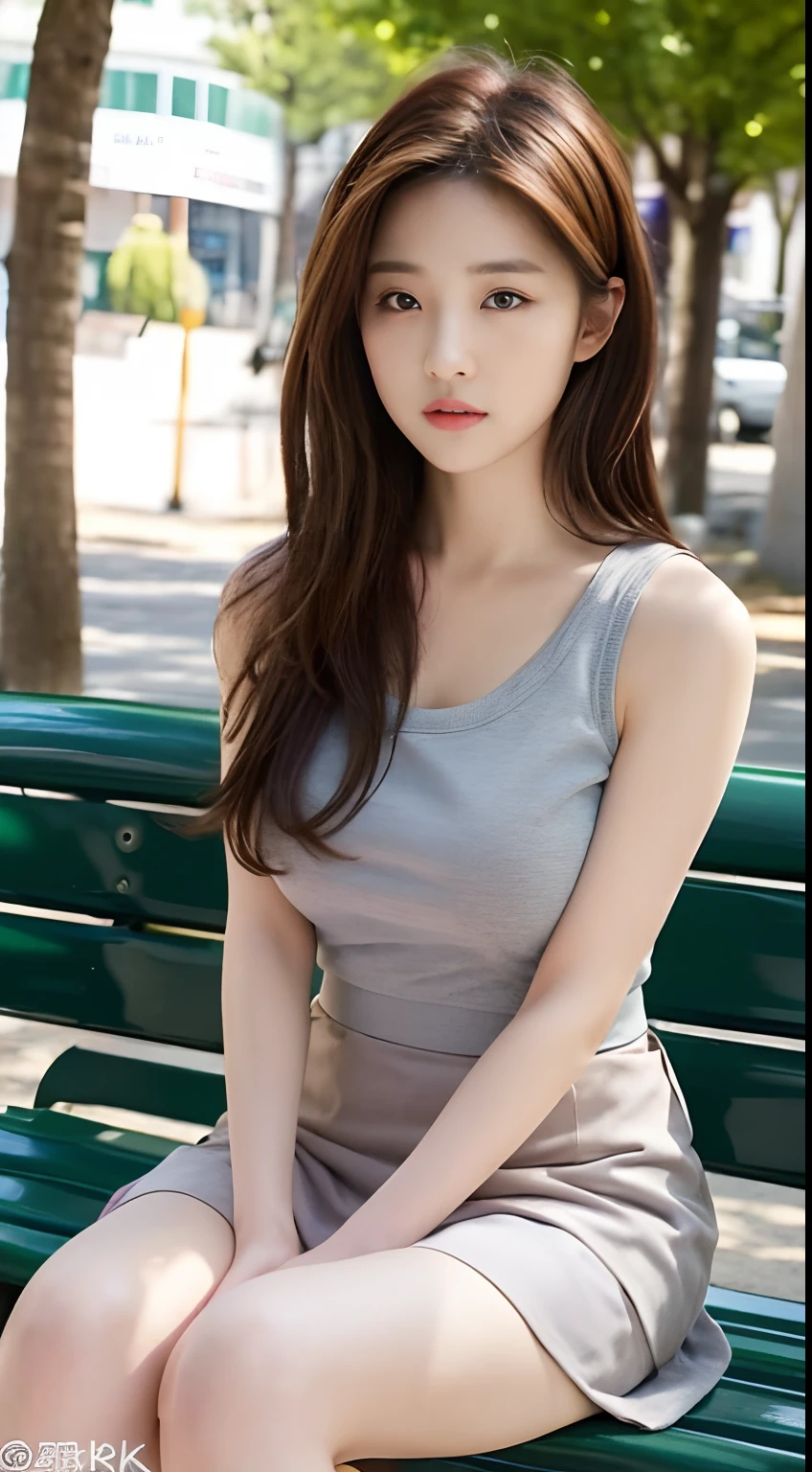 ((Best quality, 8K, yes, Masterpiece :1.3)), Sharp focus :1.2, perfect figure beautiful woman:1.4, Slim abs:1.2, ((Layered Hair Style, huge tit:1.2)), (Tank top shirt:1.1 ), (the street:1.2), Highly detailed facial and skin texture, A detailed eye, 二重まぶた, short skirt,stewardess,Brown hair long,park bench,Skirt that wraps hips,Big breasts don't leak, High-definition facial features,8K