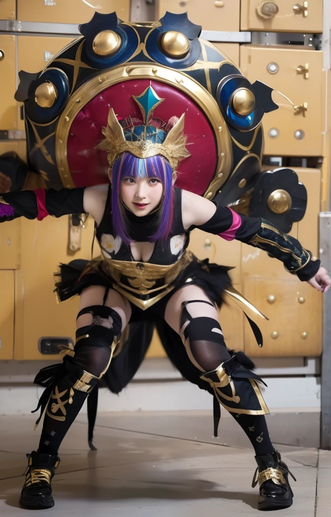 infp young woman、Good Style、Colorful hair、、Idol face、large full breasts、、Shorts、Colorful tights、Junk Armor、Gold Costume