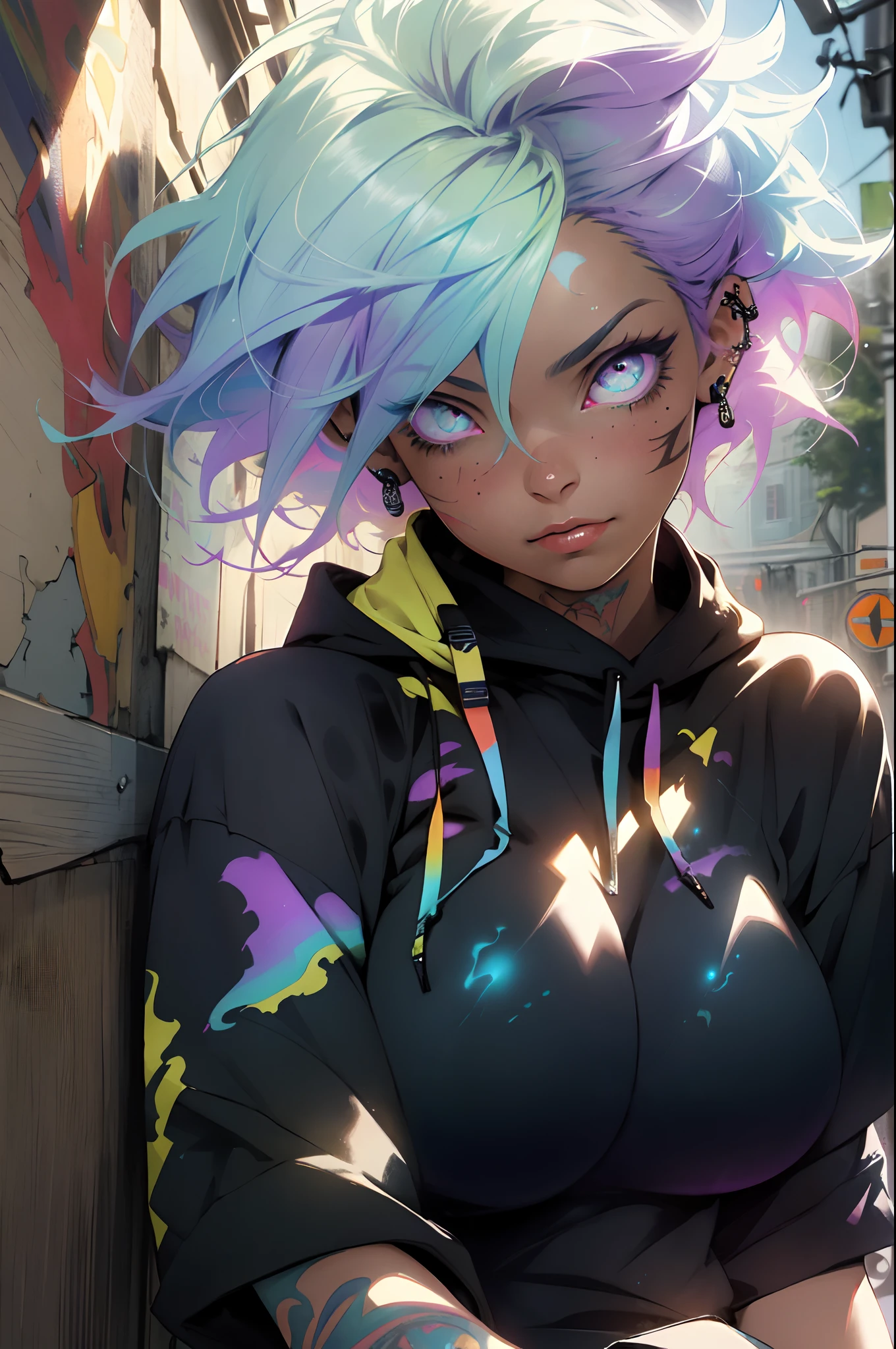 The most beautiful and sexy punk rock girl, rainbow colored hair, vibrant yellow eyes, long detailed eyelashes, huge enormously gigantic tits, cleavage showing, wearing highly detailed hoodie graphict-shirt and torn skinny jeans, tons of tattoos and piercings, melancholy lighting, quiet, calm, brightness, masterpiece, best quality, 1man, (JinxLol:1.2), (ultra photorealistic:1.3), (masterpiece:1.4), best quality, ((realistic)), high quality, ultra detailed, ((real image)), ((realistic skin)), ((realistic face)),(illustration:1.05), (beautiful:1.05), (beautiful detailed eyes:1.05), (cinematic light:1.1), light blue highlights, full body, paint splatter graffiti background