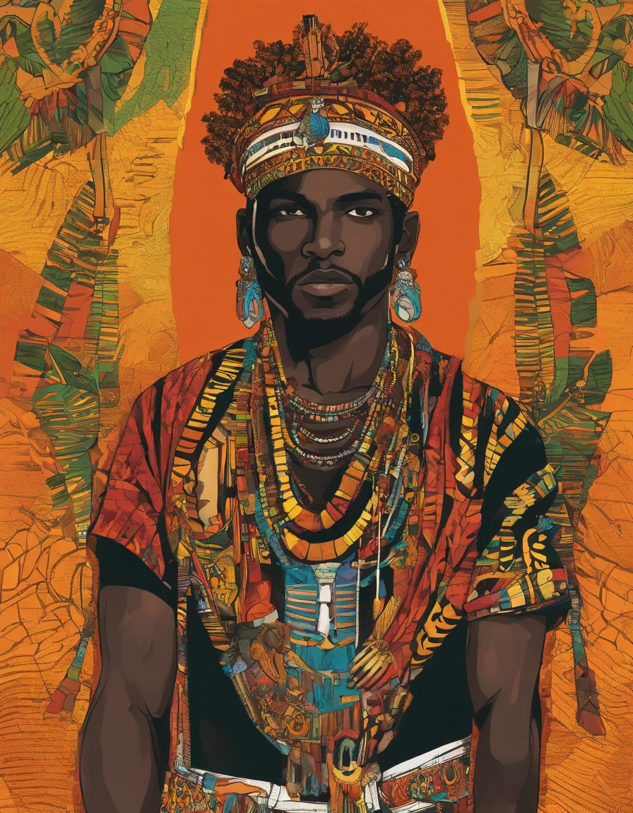 CABOCLO , mestizo black man, indio, adornos tipicos indigena,vestindo um ade de penas amarelo e vermelhos. intrincado, entidade da umbanda, rosto pintado, olhar penetrante, cosmic god,