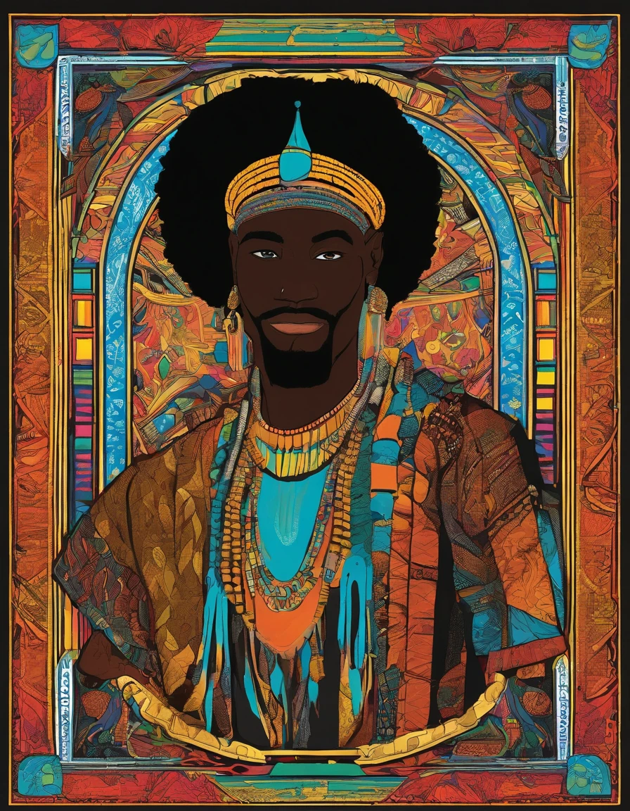 Um homem negro bonito com pele negra africana, He's a forest hunter, Wearing tribal costumes with African tribal accessories, pelo corpo, Wakanda Cultural, africanos, Ele tem cabelo Curto, cabelos castanhos cacheados, um forte, homem viril com um sorriso suave, This man is in middle age, He has the features of a 24-year-old man; A medieval art RPG