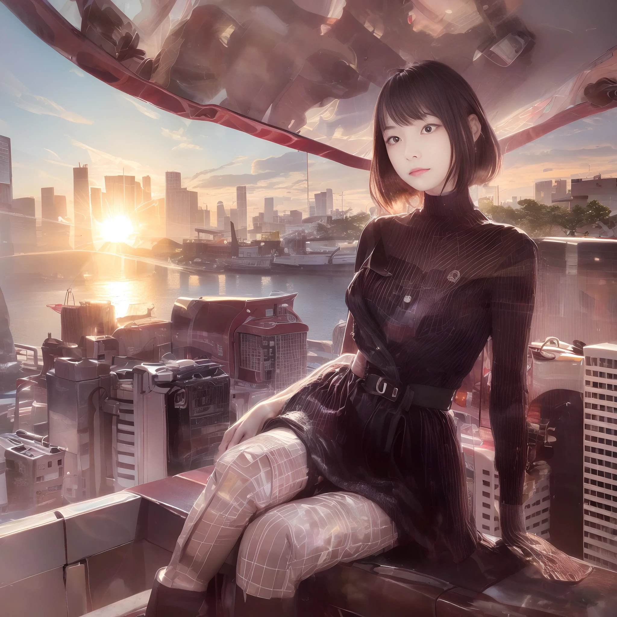 Photograph of the Tokyo cityscape with Tokyo Bay in the background. Two figures sitting on the wall of a skyscraper near the bay, Ships of different eras sail far. One is a Japan female college student wearing Chanel, The other is、She is a translucent AI goddess in a designer dress, Her background seen through her body. Countless words float around her like augmented reality. The warm morning light of a beautiful spring day illuminates