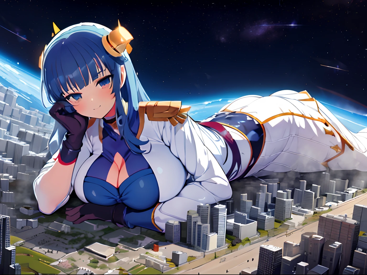 (Giganta:1.5),1girl,Sentado en el edificio, ////////////// ,edificio,muchedumbre,GTS, Giantess en,Ikaruga senran kagura , 1girl, solamente, Cabello largo, falda blanca, senos grandes, cabello negro, guantes, Pelo muy largo, arma, Botas, guantes blancos, uniforme, ojos azules, pantimedias negras, falda blanca, , afilado, extremadamente coloreado, curva, tetona, sonrisa, mal, muslos gruesos, Sentarse, Piernas abiertas, Tierra, Estrellas, Espacio