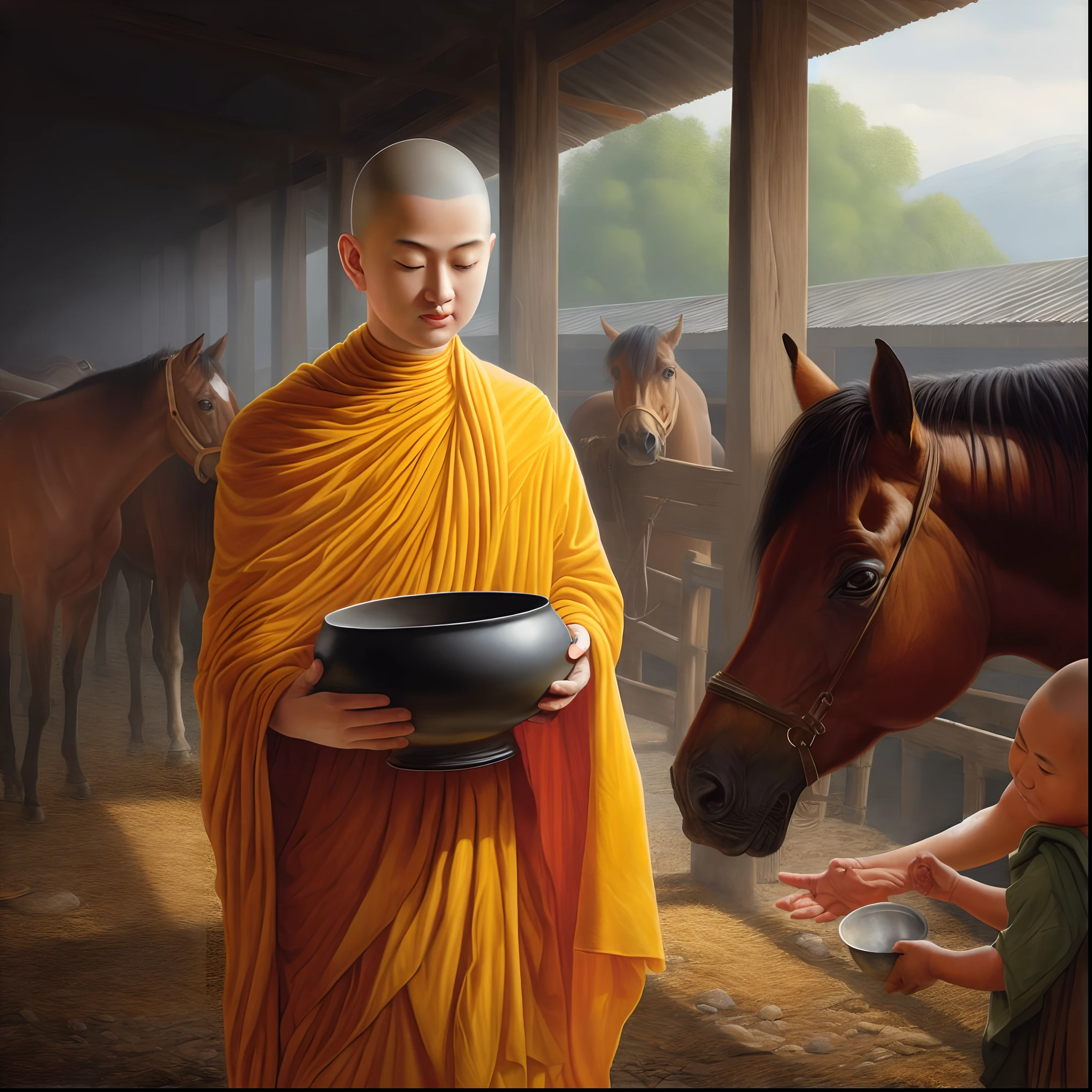 there is a man in a yellow robe holding a bowl next to a horse, samsara, buddhist monk, buddhist, by Ma Quan, 2 1 st century monk, monk, buddhism, tithi luadthong, portrait of monk, artist unknown, hard morning light, by John La Gatta, buddhist art, monks, begging for alms, morning light