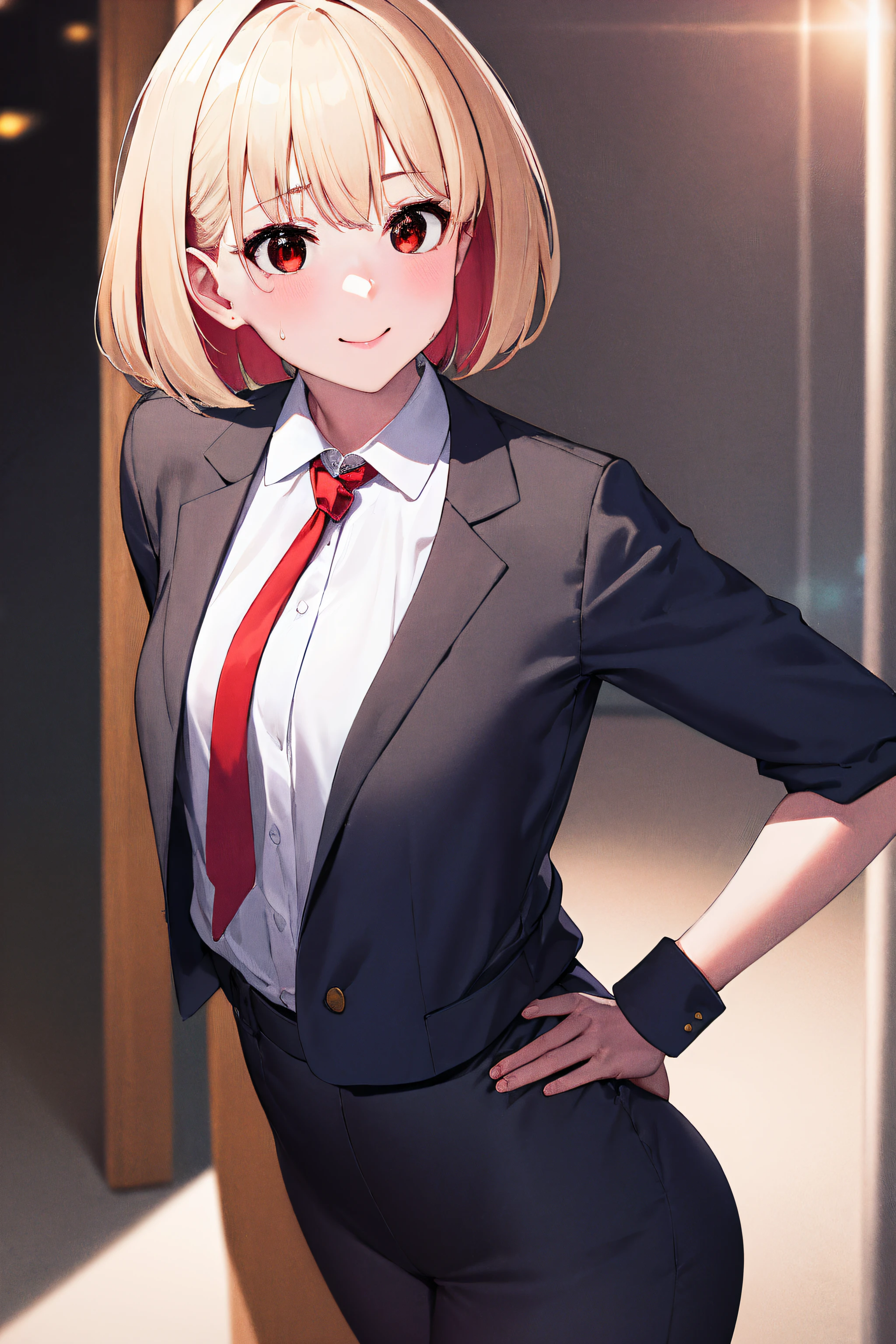 masterpiece, best quality, highres, best quality, highres, 1girl, nishikigi chisato, short hair, bangs, blonde hair, (red eyes:1.5), hair ribbon, one side up, bob cut, strong pose, smile,blue jacket and red tie and white shirt and red and white shirt, walking in streets,hand on hip, modern fashion,NSFW,official art,extremely detailed CG unity 8k wallpaper, perfect lighting, (masterpiece:1.0),(best_quality:1.0), ultra high res,4K,ultra-detailed, photography, 8K, HDR, highres, absurdres:1.2, Kodak portra 400, film grain, blurry background, bokeh:1.2, lens flare, (vibrant_color:1.2),(beautiful_face:1.5),(narrow_waist),(perfect hands, perfect anatomy),