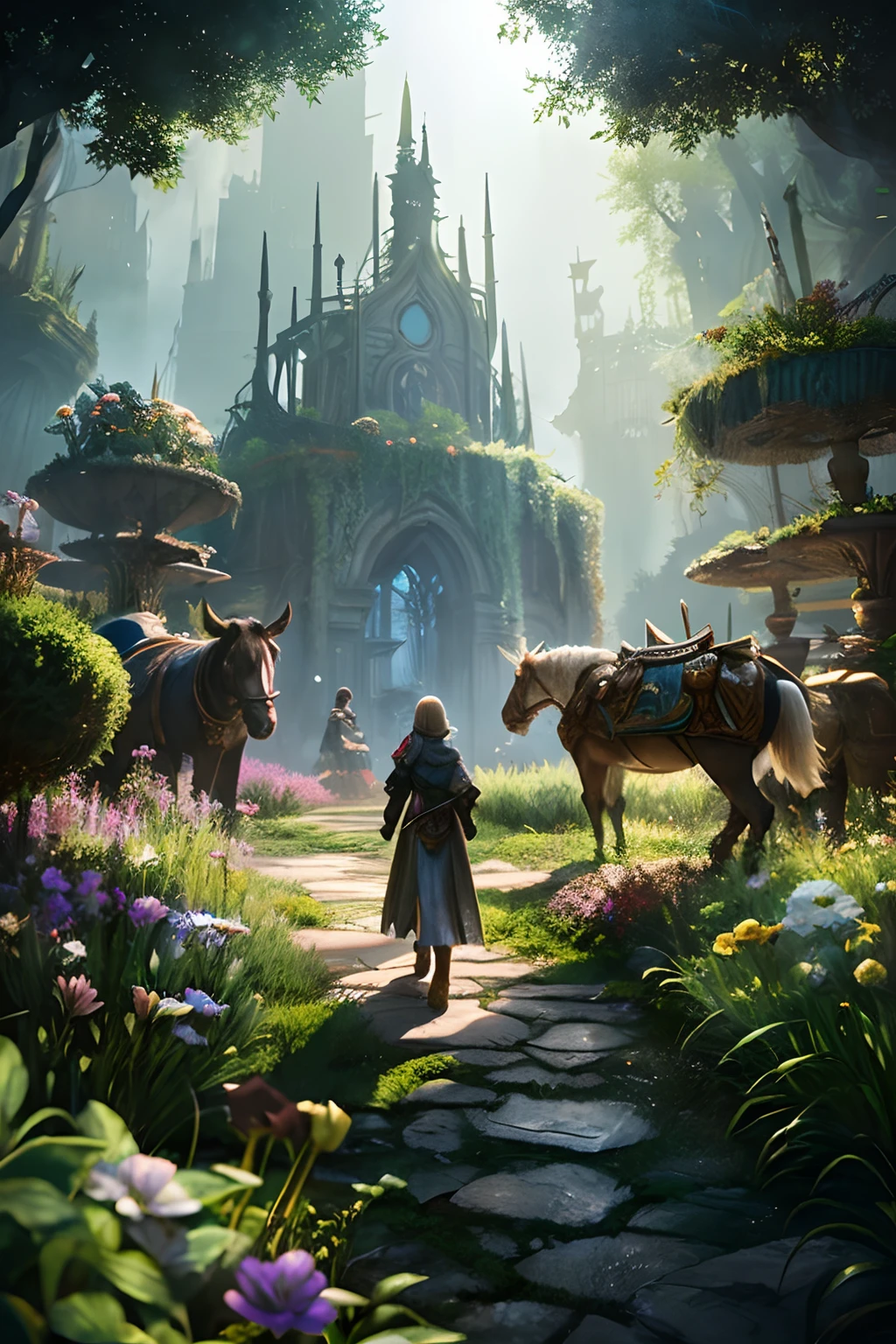 rpg game (RPG) Fantasy style beautiful illustration of an enchanted garden with giant flowers and talking animals,Ethereal landscapes,Reflected light from a metal surface (Reflected Metallic Light).,Frost and fog,dystopia,Ultra Detailed,Masterpiece,Best Quality,Hyper detailed and intricate,in the style of Eric Jones,Cinematic,Dramatic light,bright colours,contrasting shadows,ass pov . Detailed,Vibrants,Immersive,reminiscent of high fantasy role-playing games