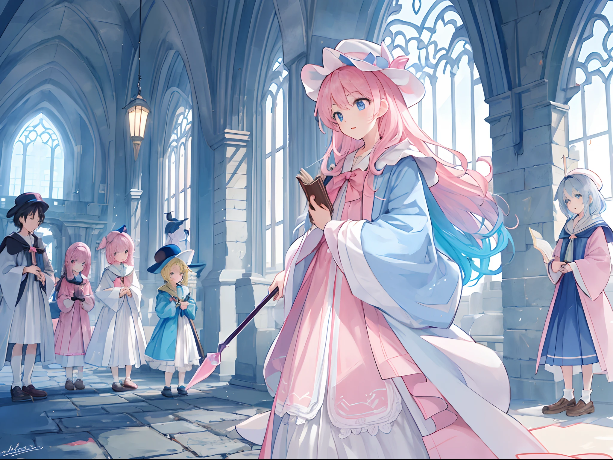 A group of children wearing robes and hats, holding wands and books, standing in front of a castle-like school of magic, best quality, high resolution, 8K, style: Anime, Color tones: Pastel colors with a touch of pink and light blue, Lighting: Soft and warm natural light, creating a serene atmosphere