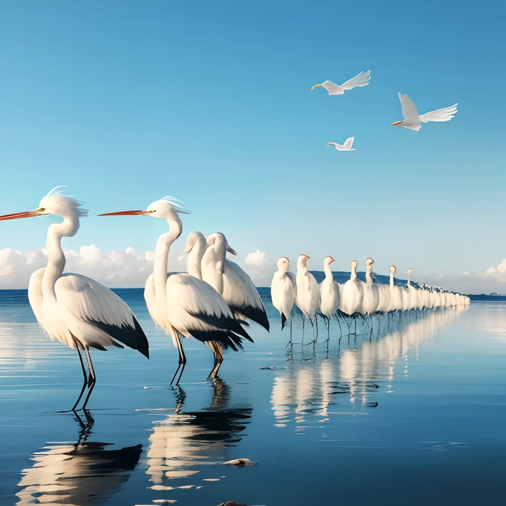 A line of egrets on the blue sky,water ink