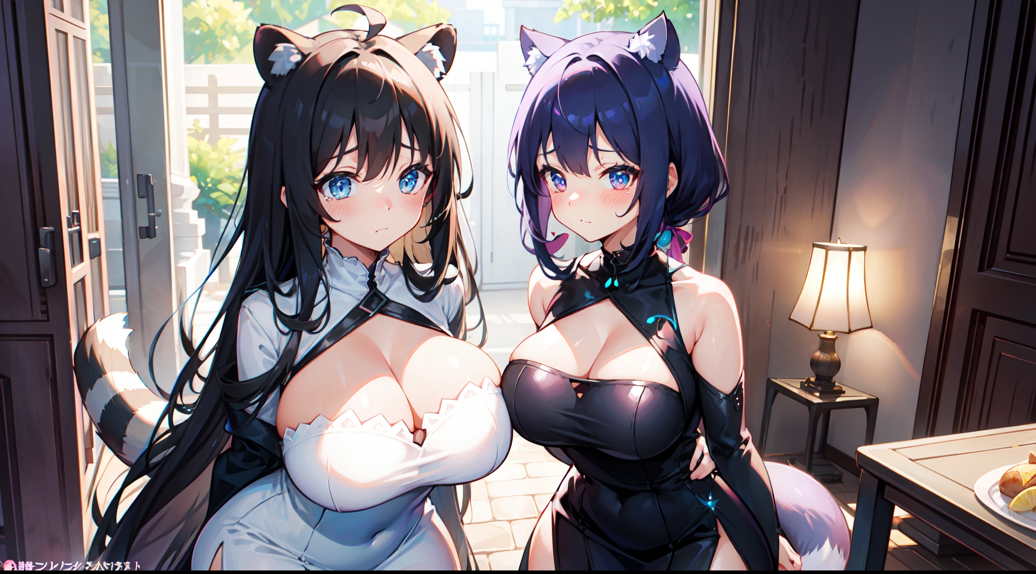 raccoon ears, side bangs, perfect proportions, thicc, large teardrop breasts, very sensual, blushing, shy, super cute adorable face, very deep vee dress, side slit dress, best quality, full art
Waiting to start