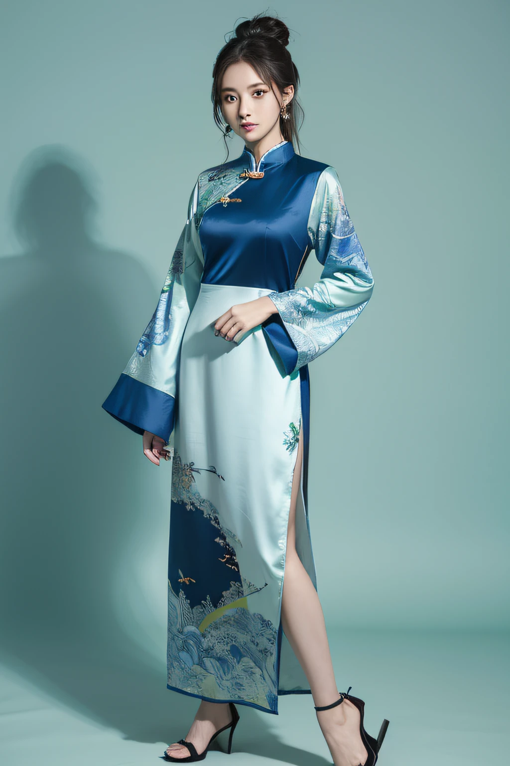 Wide-sleeved dress，Green and blue color scheme，KTV style，Chinese ink style