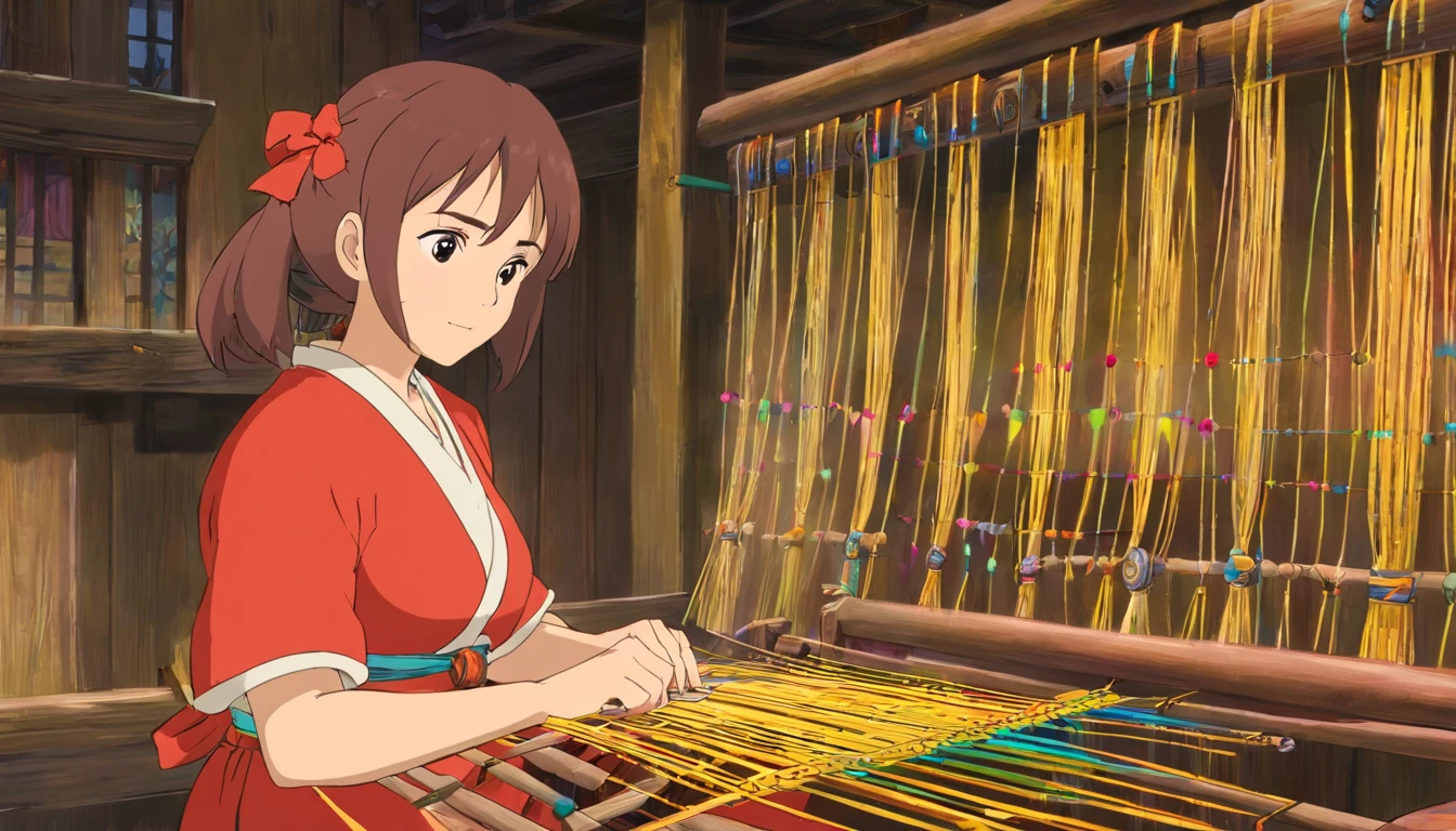 realisticlying，Mom sat alone in front of the loom, weaving colorful brocade，gentleness，colours，mother with big breasts，Detailed background，Small character area，