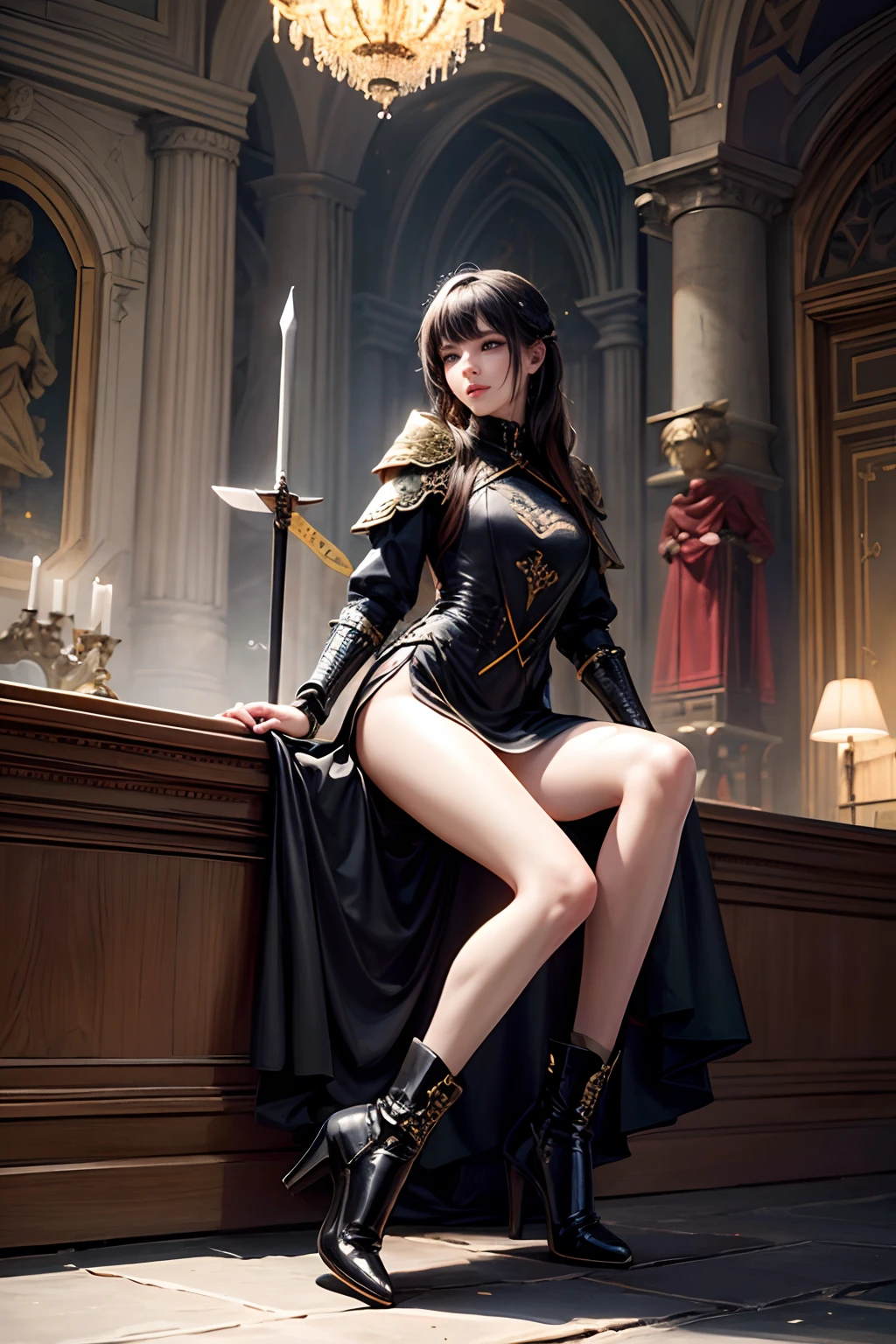 (1girl in)、solo、1woman、Pretty women、20yr old、a woman in armor、Ukrainian women、Looking at the camera、blackdress、high heels boots、Full body portrait、Woman knight、Holding a sword、Slender body、robe、sacred place、Perfect face and nice perfect face、Surreal concept、8K分辨率、photographic quality、Photorealistic、A detailed eye、Smile、of the highest quality、masterpiece、