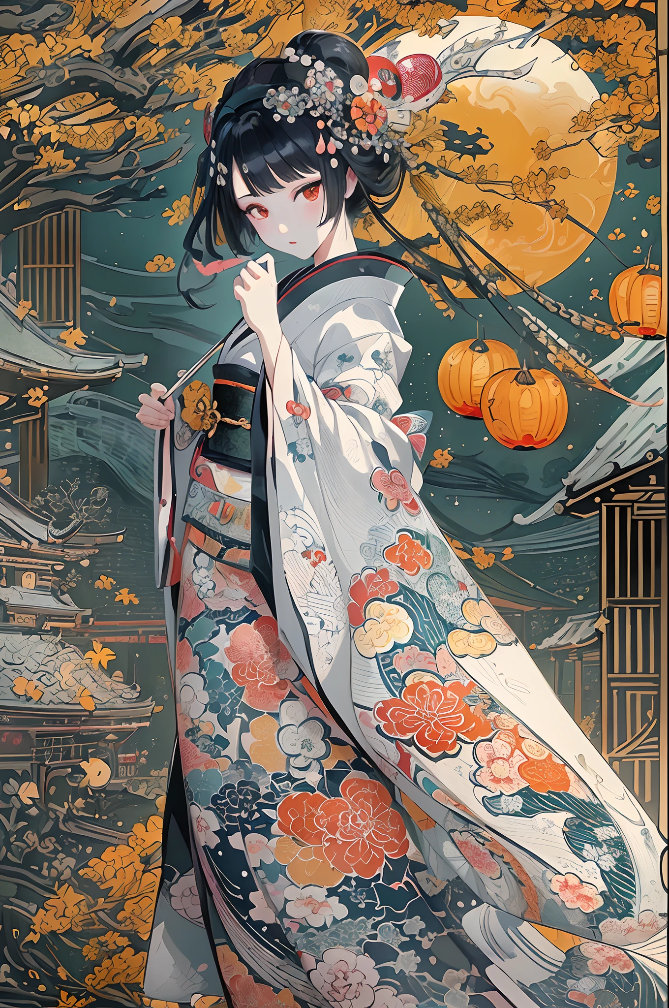 (masuter piece、top-quality、ukiyoe style、Mystical、Beautifully Aesthetic、offcial art、Sharaku:1.2)、(1 girl in:1.3)、(Fractal Art:1.3)、cowboy  shot、white and clean skin、(Beautiful black hair、Kimono:1.2)、Traditional performing arts of Japan in the background、highly colorful、(scrollwork、A Japanese style:1.2)、Ghost pumpkin、Halloween