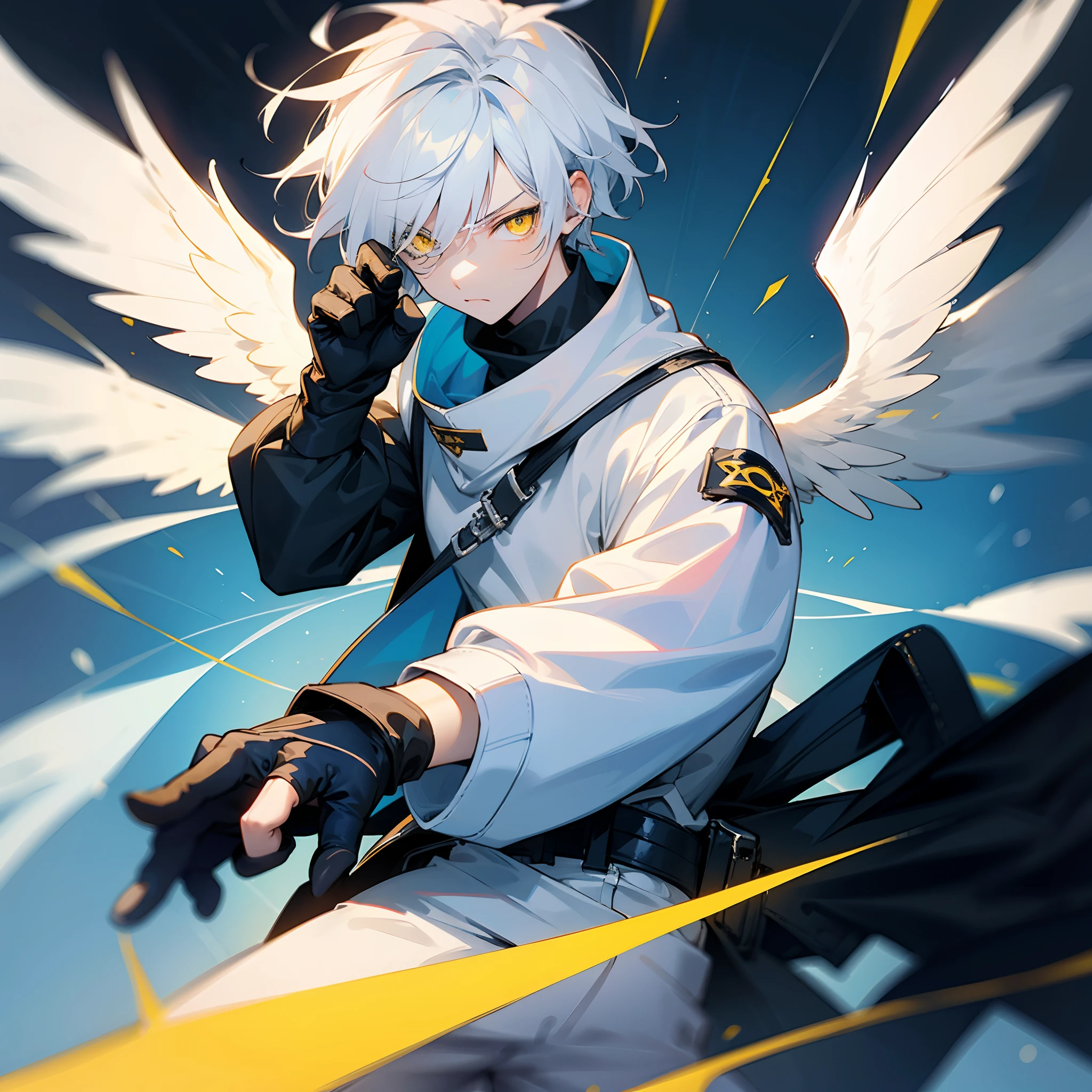 Cool, White hair, One eye is covered by hair , Wear sweaters ,((Wear gloves)), blue and yellow eyes, 16 year old, 1 boy, angel wing's, badass pose