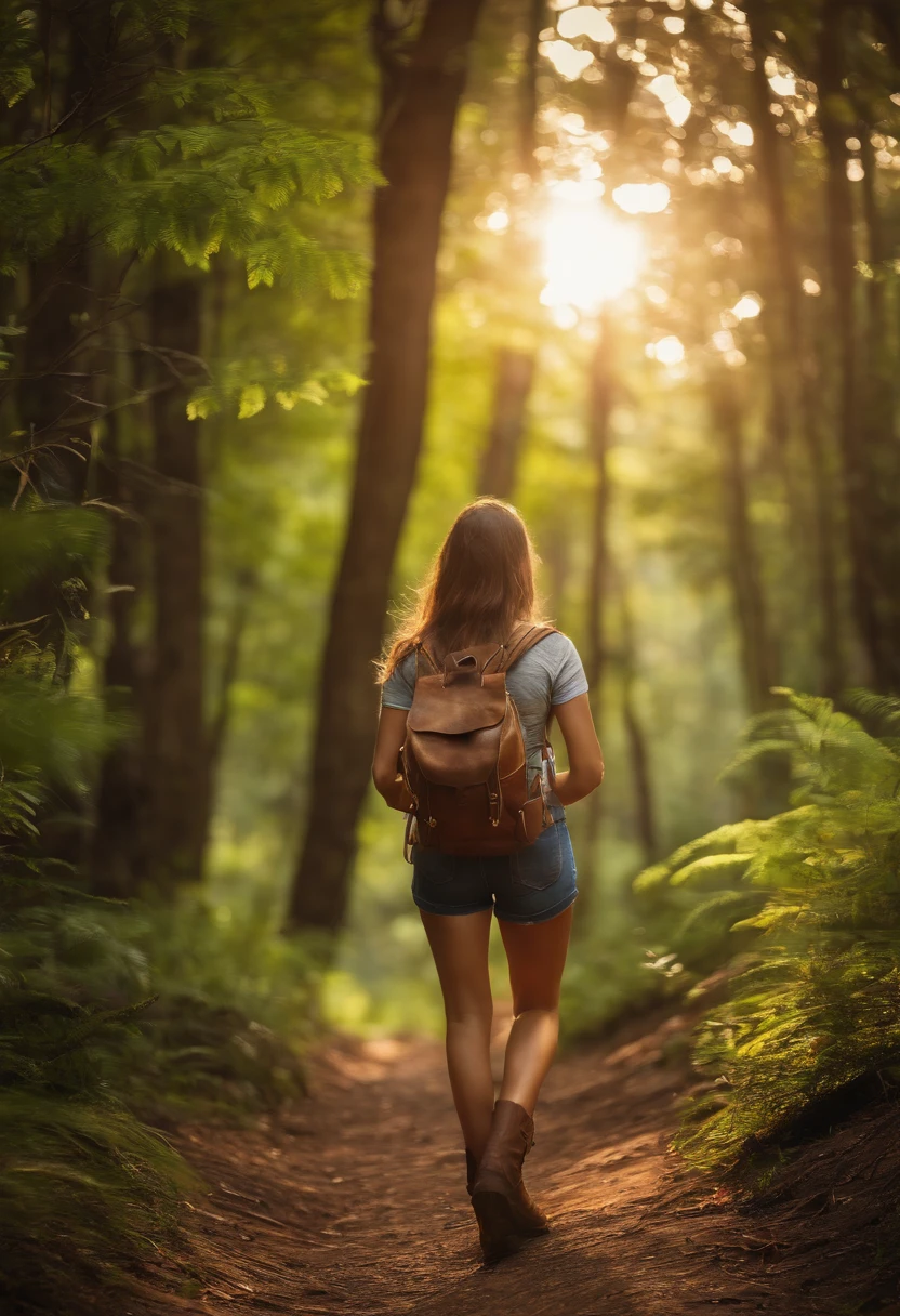 (best quality,Realistic,Altas:1.2),mulher segurando um mapa, caminho que leva a uma floresta, Visible backpack strap,Cabelos escuros, camisa branca de manga curta, long jeans, Botas pretas, mochila totalmente embalada, sunlight filtering through the trees, folhagem verde exuberante, senso de aventura, exploration.
