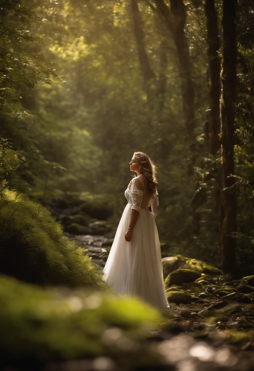 (best quality,Realistic,Altas:1.2),mulher segurando um mapa, caminho que leva a uma floresta, Visible backpack strap,Cabelos escuros, camisa branca de manga curta, long jeans, Botas pretas, mochila totalmente embalada, sunlight filtering through the trees, folhagem verde exuberante, senso de aventura, exploration.