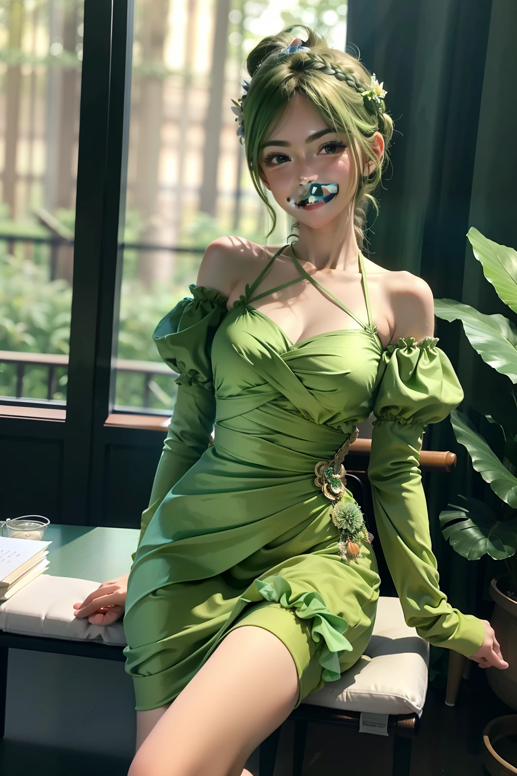 Estilo 3dmm, (obra-prima, melhor qualidade), detalhes intrincados, 1girl, solo, cabelo verde, grampo de cabelo flor, vestido verde, olhando para o espectador, Sympathetic smile, in an ethereal fantasy forest!