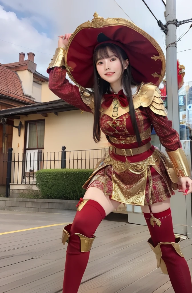 Fairy tale idol、Good Style、、Classic Gold Armor Dress（Red Jewelry Decoration）、、Idol face、large full breasts、Shiny Red Hat、a miniskirt、knee sox、