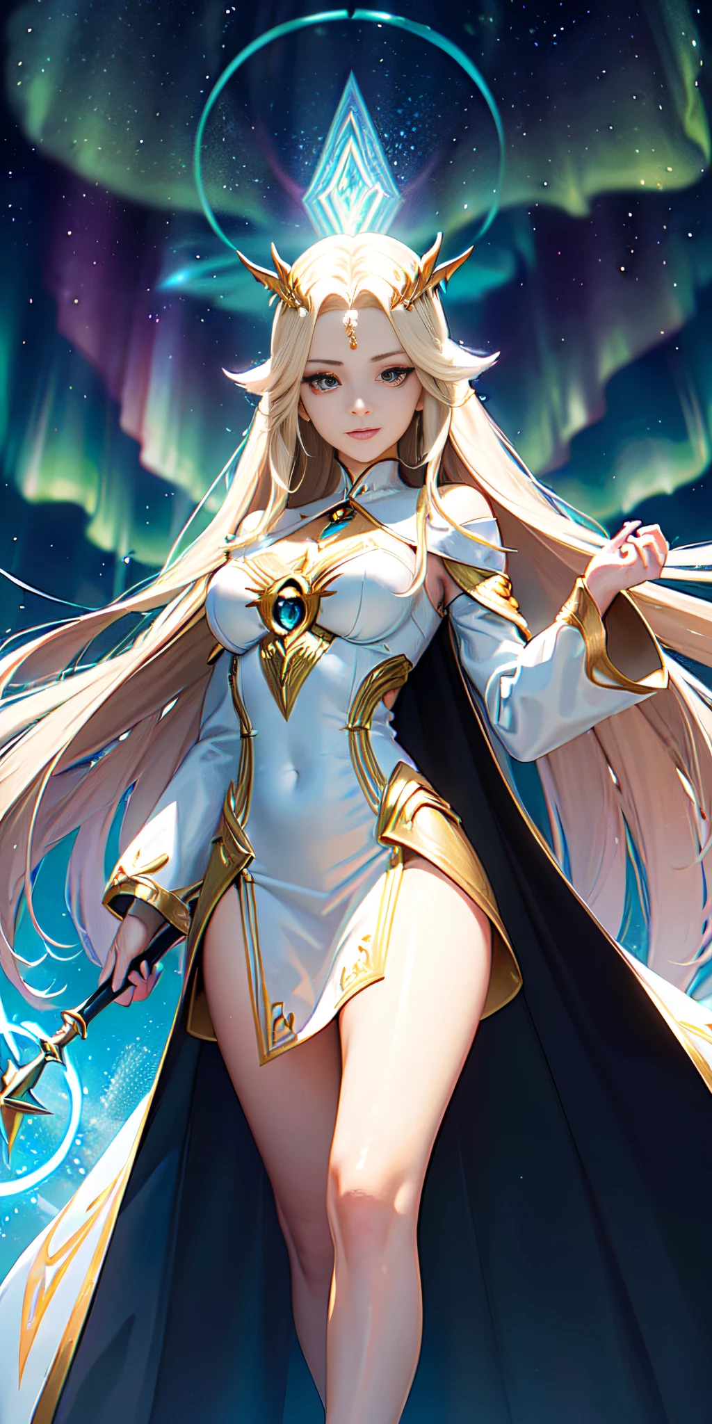 random view of the 4 cardinal points, ((The Enchantress surrounded by blue-gold energy mystical aurora with chaotic astral appearance, rays of light, atmosphere of chaos, field of fire and glowing fathoms)), (she has a symmetrical, angular and expressive face. Her eyes are green, her nose and mouth are medium in size. Her cheekbones are high and prominent, and her forehead is wide), (she is a tall and slender woman, with long blonde hair, her skin is pale. She wears a white dress with long sleeves and 30% miniskirt, bare thighs), The Sorceress comes with her winged helmet and the Staff of Zoar, legs open, standing in the main hall of the castle, intricate details, back side lighting, background golden blue mystical energy around