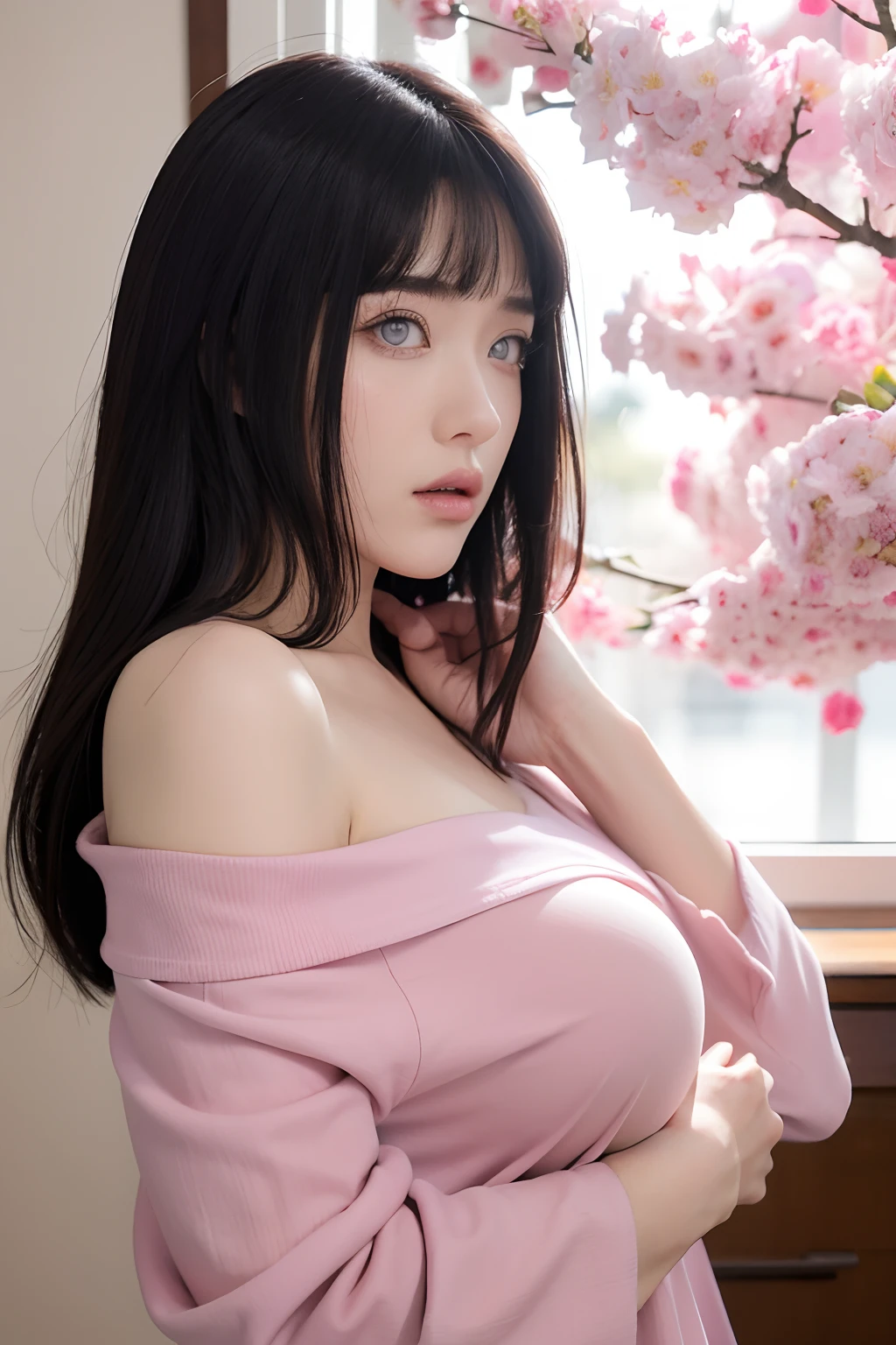 Masterpiece, absurderes, Hinata\(Boruto\), 1girll, Solo,Mature female, Off-the-shoulder oversized shirt, view the viewer, (Falling petals), Perfectcomposition, Detailed lips, big breast, Beautiful face, body propotion, Blush, (Pink lips), Long hair, Purple eyes, Soft gaze, Super realistic, Detailed, photoshoot, Realistick faces and bodies, Side view