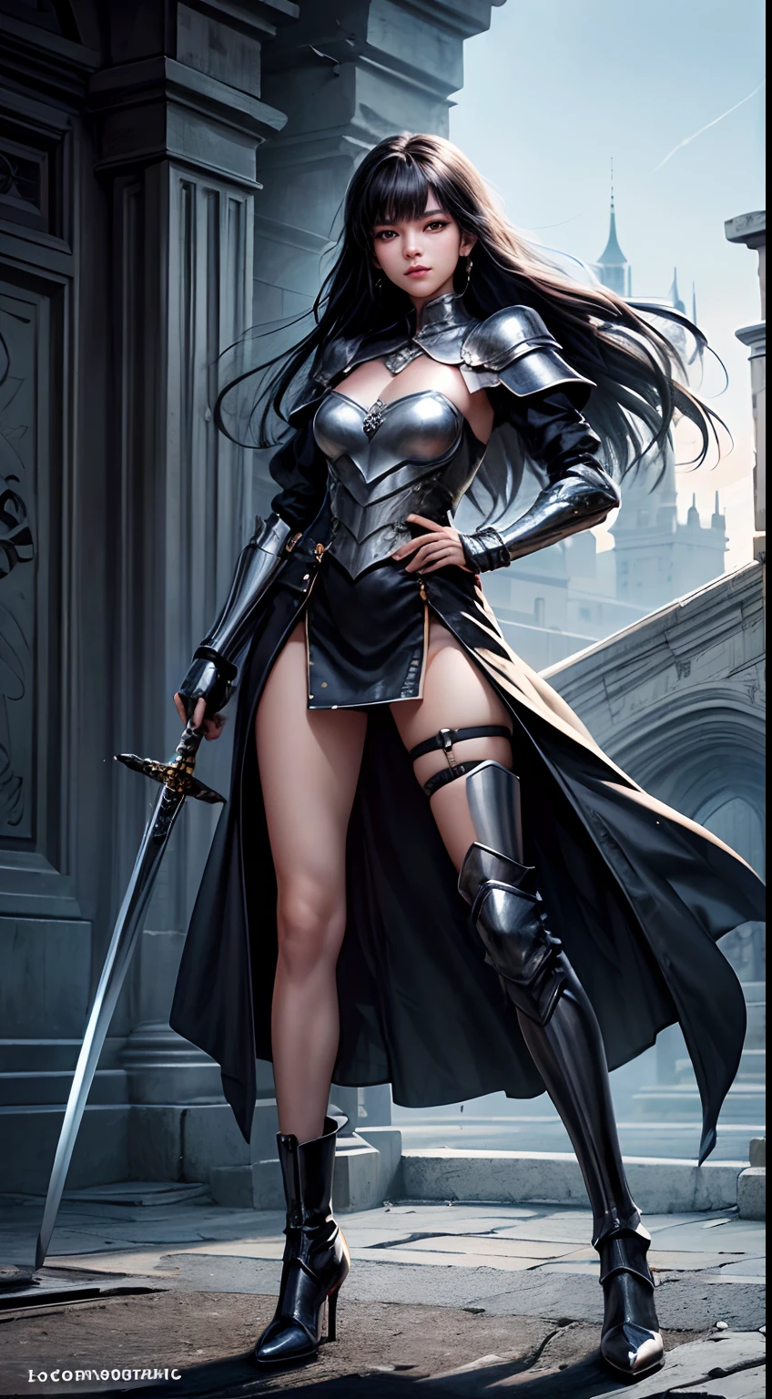 (1girl in)、solo、1woman、Pretty women、20yr old、a woman in armor、Ukrainian women、Looking at the camera、blackdress、high heels boots、Full body portrait、Woman knight、Holding a sword、Slender body、robe、sacred place、Perfect face and nice perfect face、Surreal concept、8K分辨率、photographic quality、Photorealistic、A detailed eye、Smile、of the highest quality、masterpiece、