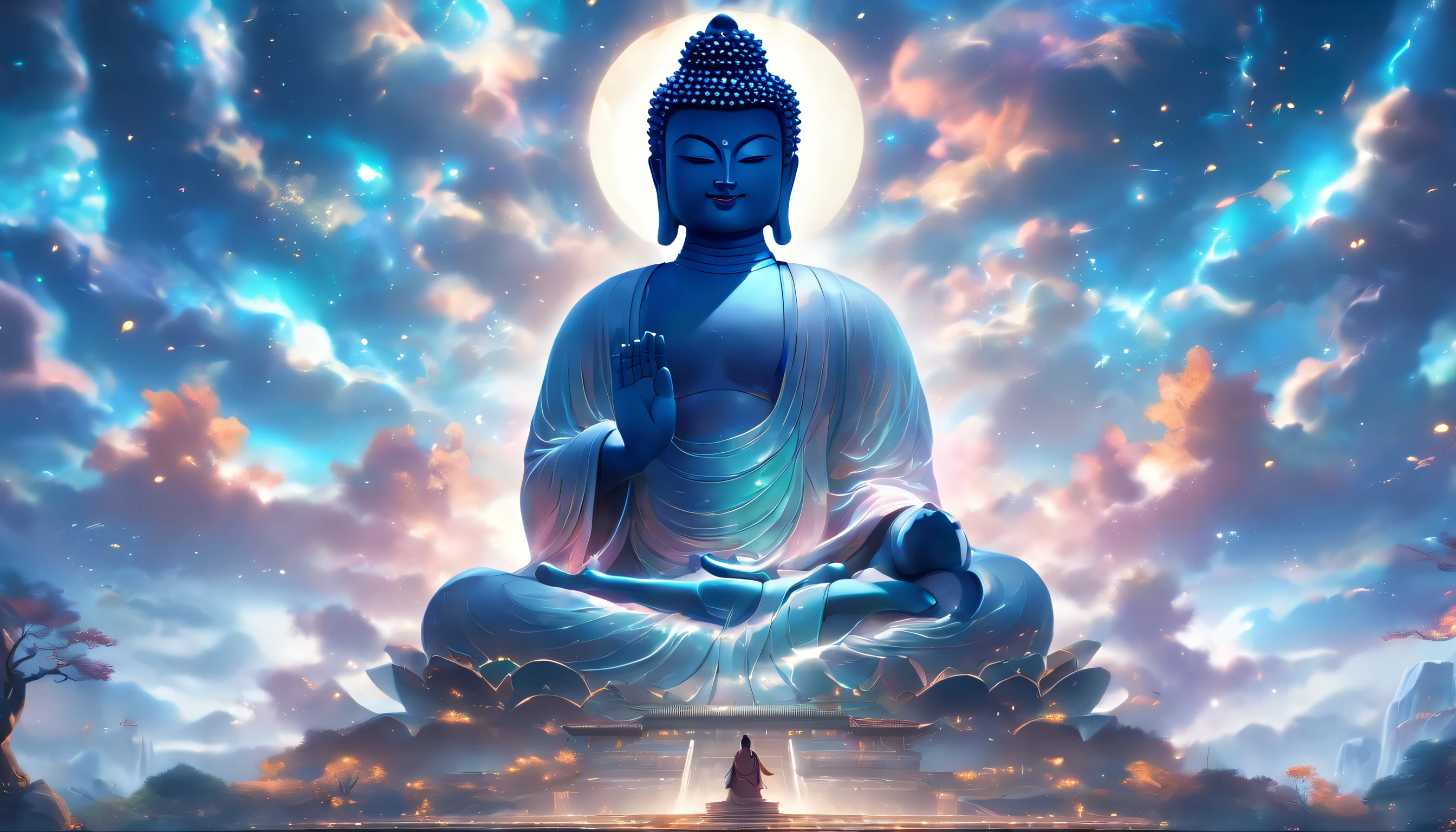 China-style,In the distance, A huge statue of Maitreya Buddha stands in space,Gaze at the earth,Standing Buddha statue,with light glowing,Glow effects,Pilgrims on the road,Hyper-realistic,Ultra photo realsisim,Real Photographics,8K,High definition,high qulity,Works of masters,super-fine,Chinese black and white ink style,(((white colors))),Decolorization,Smudge,ink,8K,super-fine,high qulity,(((OC renderer)))