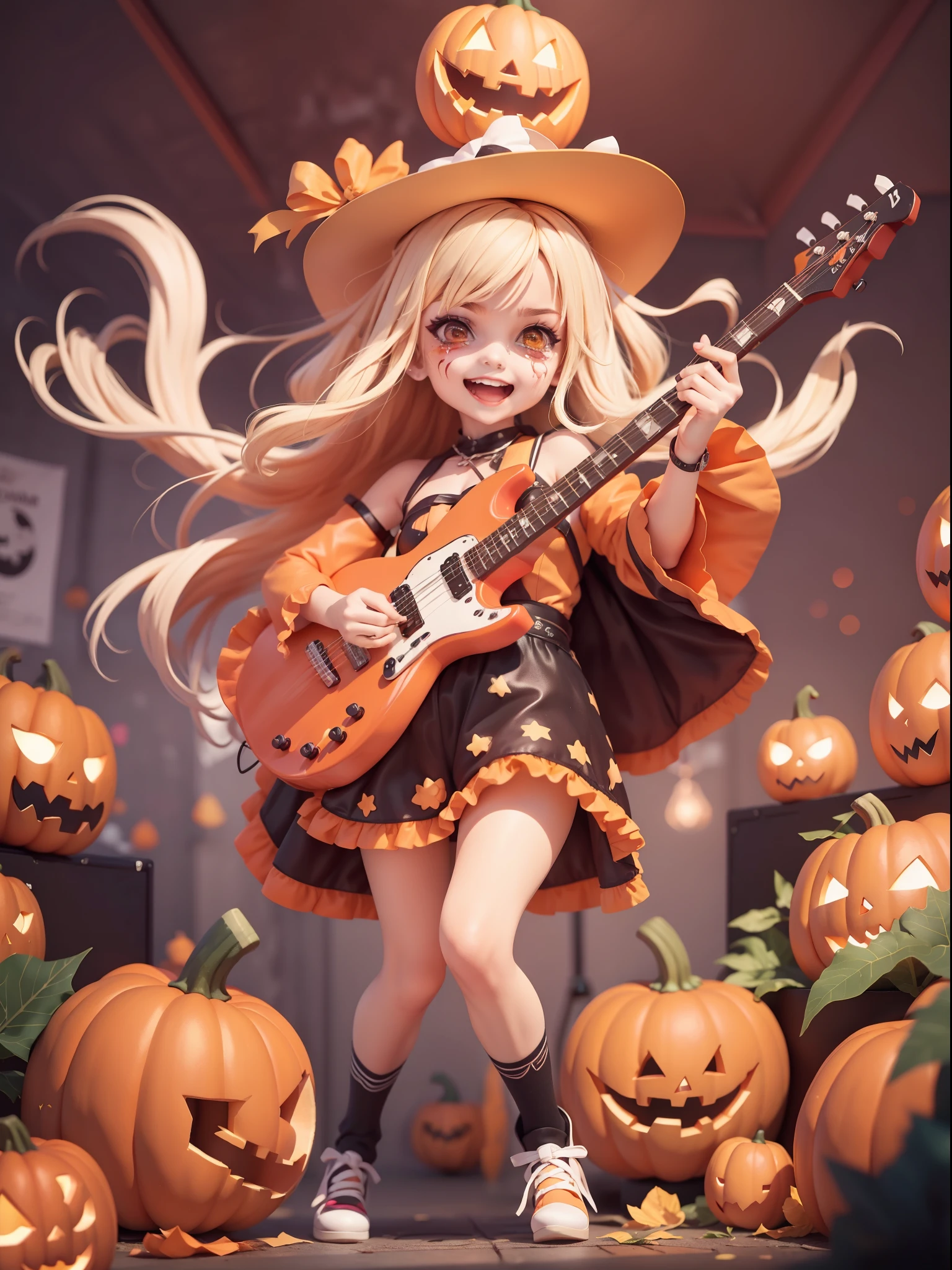 Rock 'n' roll scene，There are drum kits and basses，The lead singer in a pumpkin costume jumps and tears in the spotlight！There's a lot of ratings out there
Girls dressed in pumpkin and zombie costumes playing pumpkin drums on the Halloween celebration stage）, (Electric guitar：1.1）, （keyboard：1.1）, （Drums made with pumpkins and sweets：1.0） ，The girl is dressed in a ghost costume, zombi, and witches, Bold poses and passionate performances，Makeup in all sorts of scary images，Performing on stage, Lightweight jack-o'-lantern,（Confectionery）, At the scene of the Halloween celebration,People are immersed in a joyful atmosphere. Jack-o-lanterns illuminate dark corners, There were happy smiles on people's faces