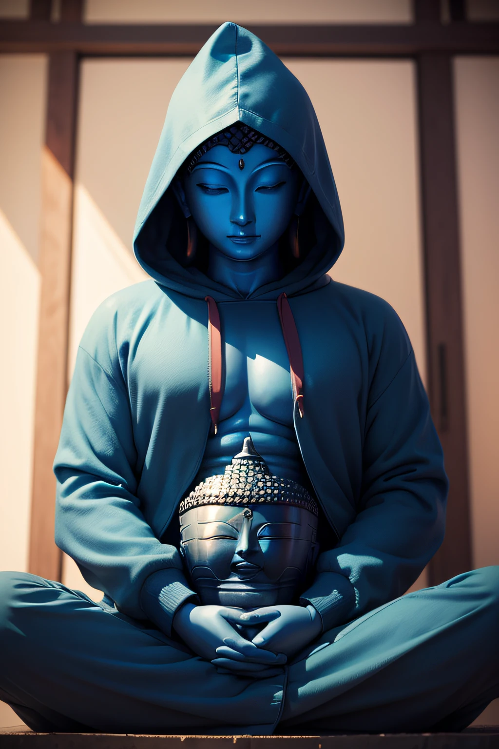 There is a blue Buddha statue facing the front and wearing a hoodie hood,Buddha, the buddha, buddhism, beautiful image,Buddha,Buddha