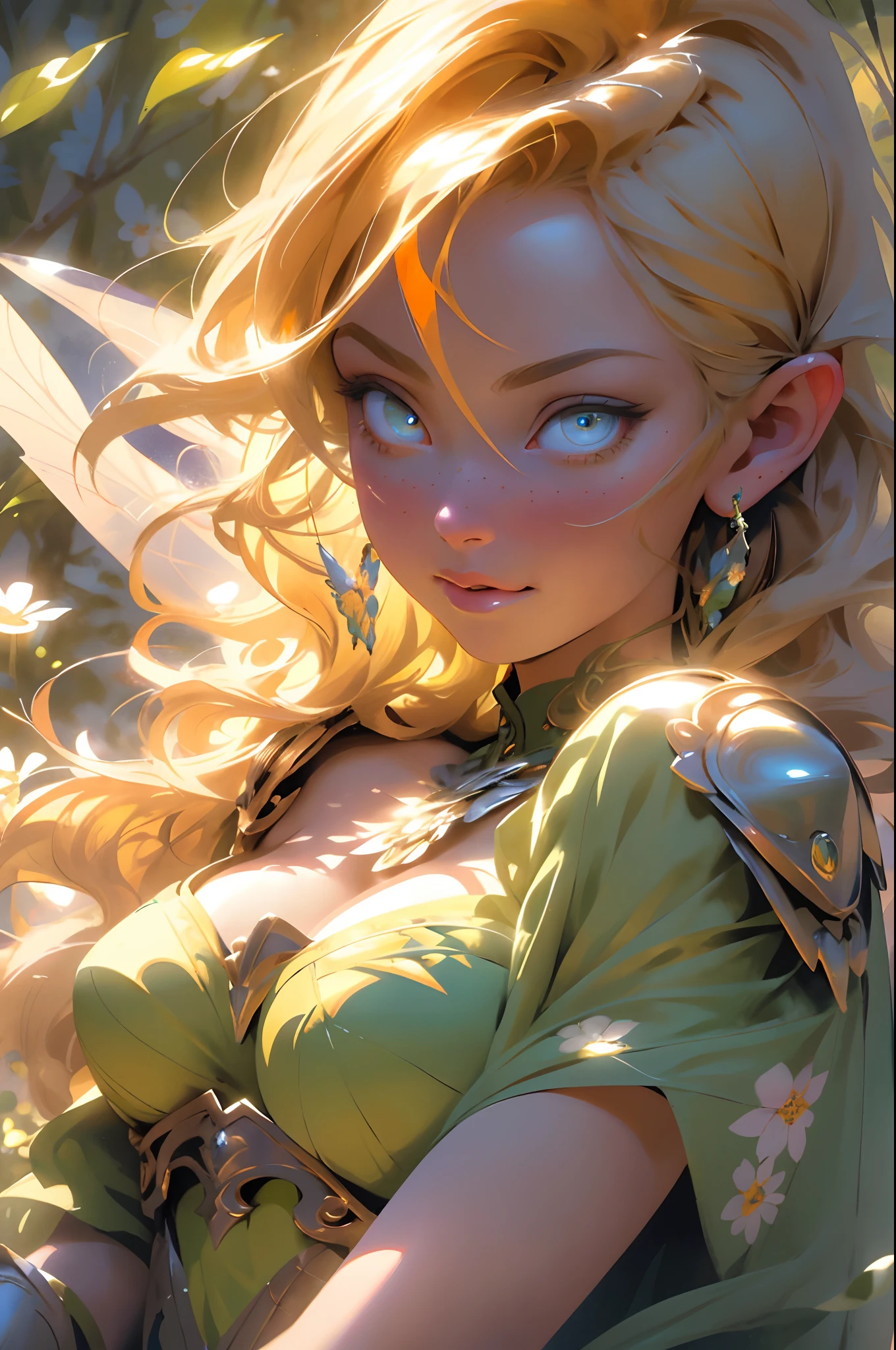 The most beautiful and sexy elf princess, orange colored hair, vibrant yellow eyes, long detailed eyelashes, huge enormously gigantic tits, cleavage showing, wearing highly detailed battle armor, glowing fairy wings, tons of tattoos and piercings, melancholy lighting, quiet, calm, brightness, masterpiece, best quality, 1man, (JinxLol:1.2), (ultra photorealistic:1.3), (masterpiece:1.4), best quality, ((realistic)), high quality, ultra detailed, ((real image)), ((realistic skin)), ((realistic face)),(illustration:1.05), (beautiful:1.05), (beautiful detailed eyes:1.05), (cinematic light:1.1), light blue highlights, full body, flower pedals and butterflies blowing in the wind, enchanted magical Kingdom background