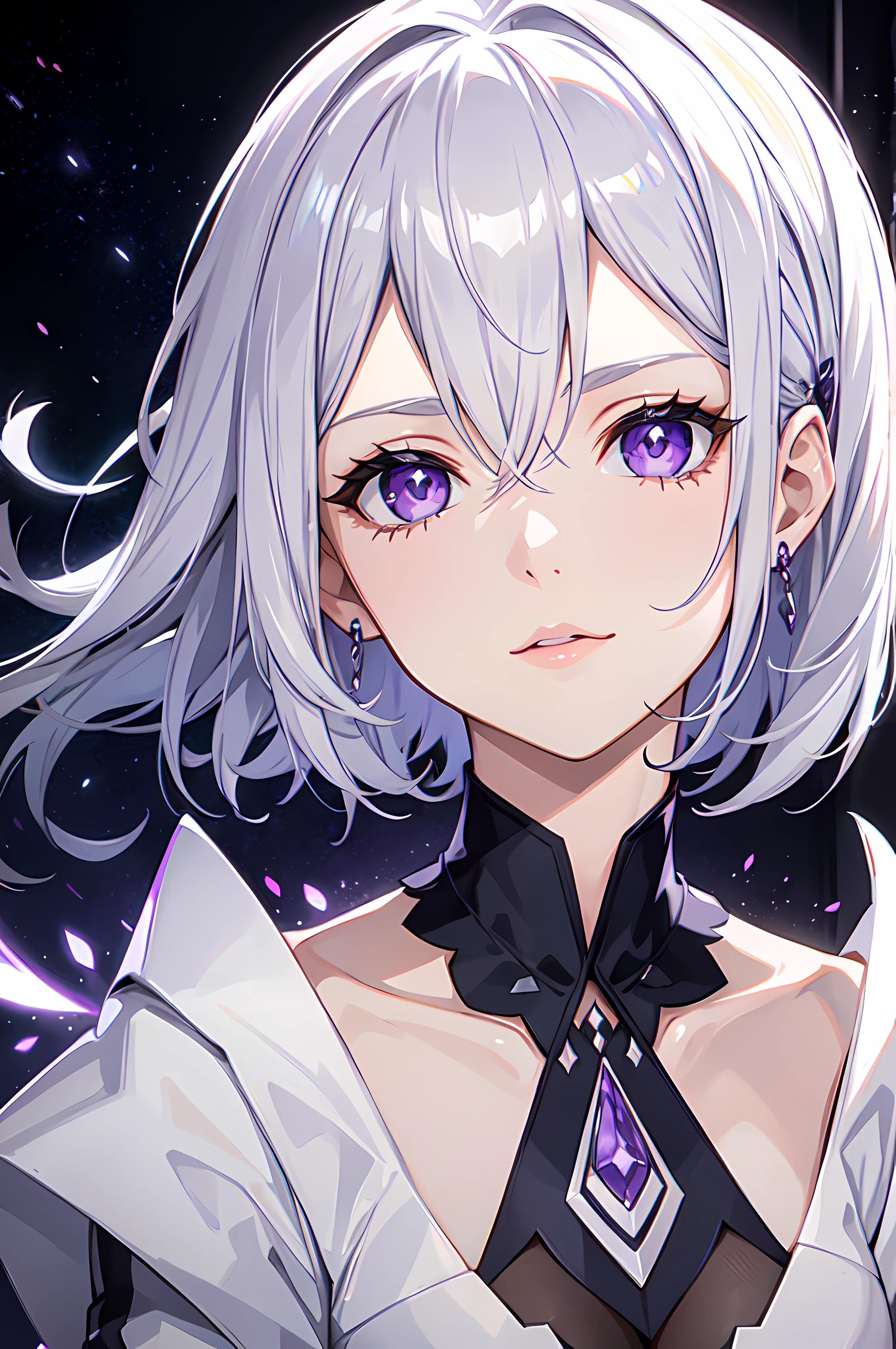 Noble woman, short silver hair, violet eyes, futuristic style, portrait, detailed, white asymmetric formal dress