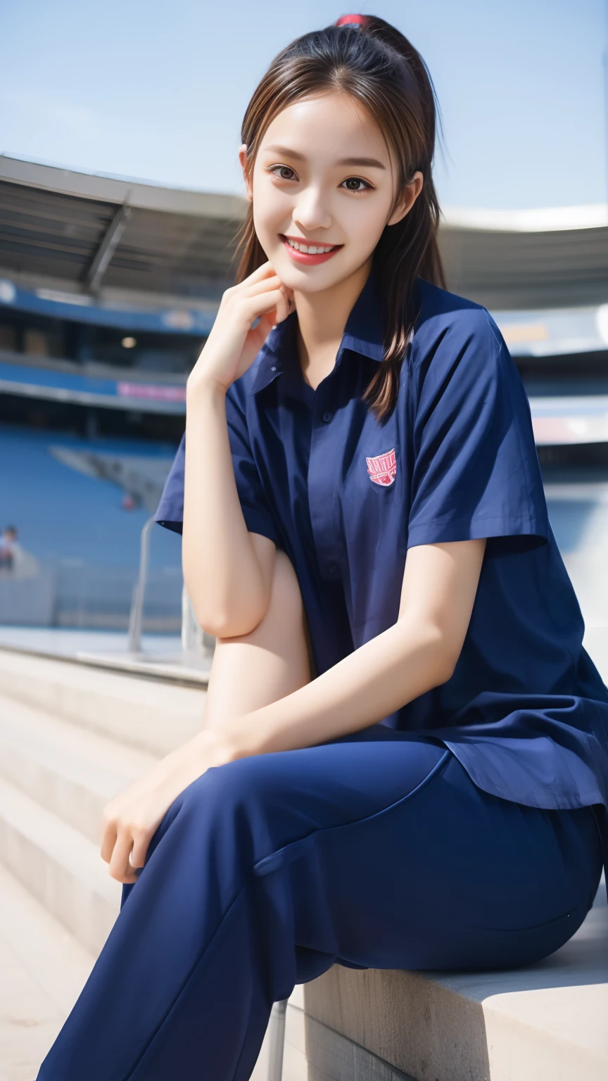 (bestquality,10,10,highres,masterpiece:1.2),ultra-detail,(Realistic,photorealistic portrait,photo-realistic:1.37),1 cute girl sitting on the football field,oily shiny skin,bara,light smile,BDclothes,((blue shirt:1.3)),short sleeves,shirt, trousers.,(navy_long_Pants Track:1.1), ((Stadium Background:1.3)),dynamic angle,excited,face focus,Dynamic Poses,from behide,Ass Focus,masterpiece, bestquality, ultra realistic, hyper-detail, 8k resolution, RAW photo, crisp focus, ((Navy blue shirt:1.1)), short sleeves, Long Path, Perfect body, 2 mature women, 18yo, cinematic light,Blue sweatpants,Gymware,Correct anatomy,Complete body, Correct body, sharp face, Anatomically correct body, full entire body, Realistic gestures, long-haired, Realistic poses,Wear long shorts...................,Long leg span,Shapely,Sculpting Girl, Slender Figure, mannequin mannequins, Shapely, Beautiful body,Blue sweatpants