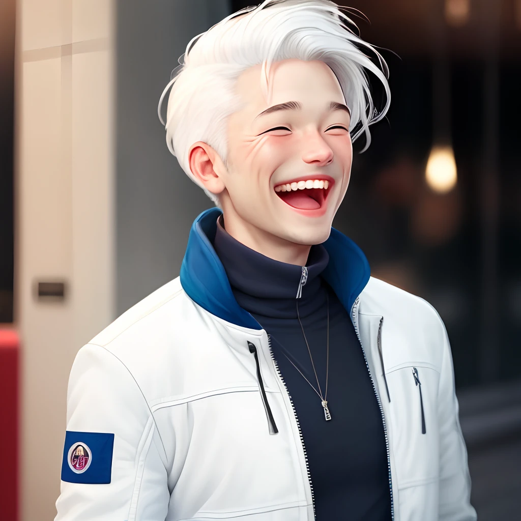 Guy wiith white hair and white jacket
 Laughing