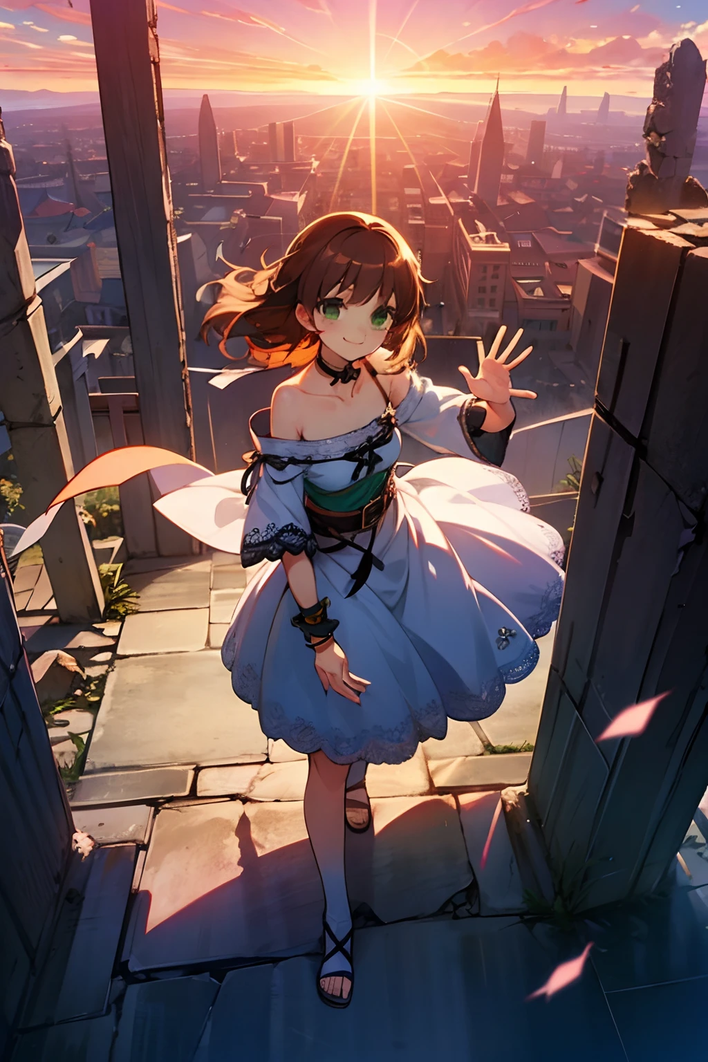 Sasanami Shoko, Valvrabe, 1 girl, Brown hair, Green eyes, Fantasy World, Ruins, Bang, Beautiful sky, shining sky, Sunshine, Smiling, Waving, sox, Sandals, wristbands, a belt, ribbon choker, Dresses that blow the wind, Lace dress, Off-shoulder sleeve