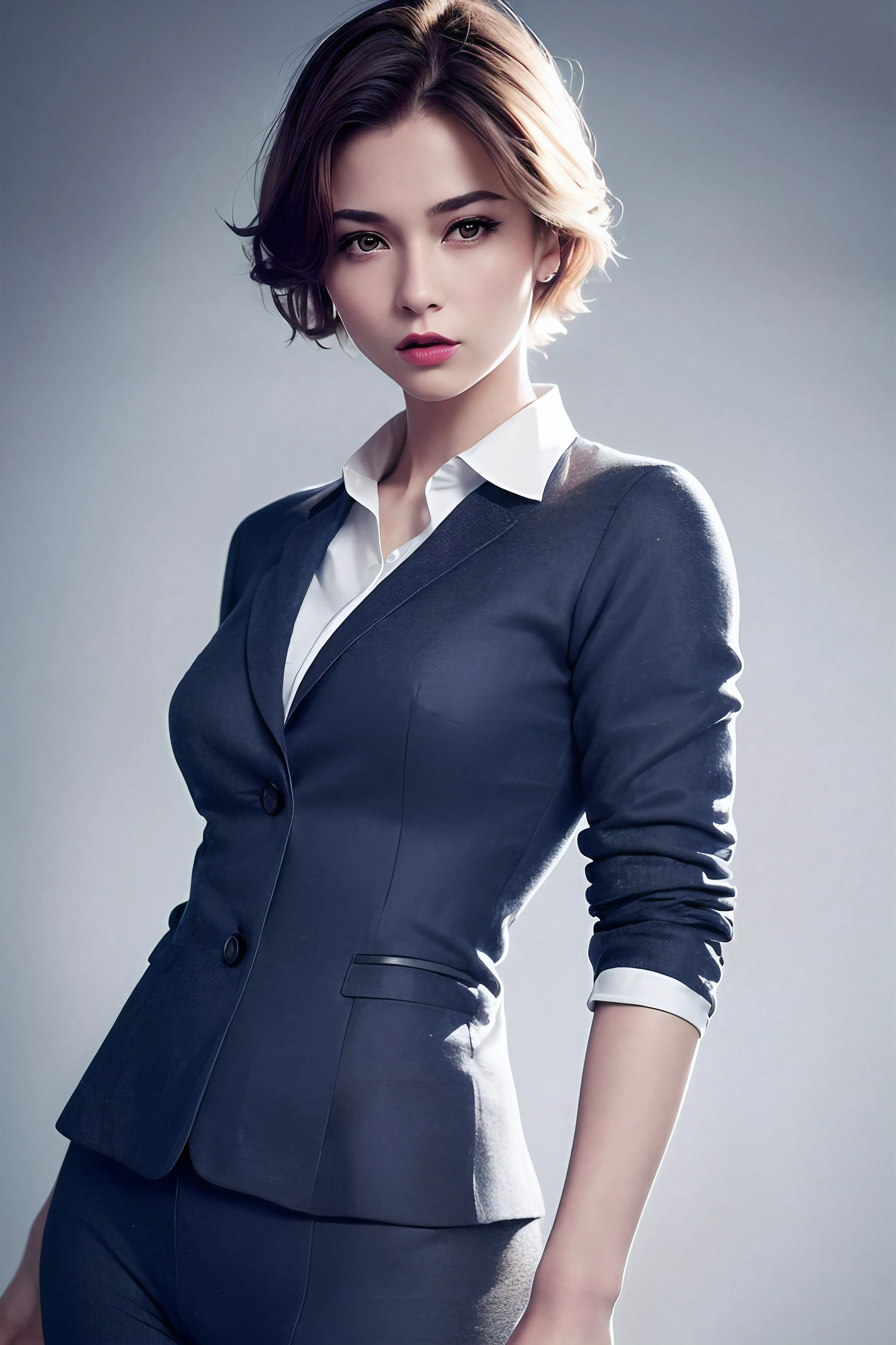 (best quality,4k,8k,highres,masterpiece:1.2),ultra-detailed,(realistic,photorealistic,photo-realistic:1.37),monochrome background,athletic girl,short hair,navy blue suit,full length white shirt,big body,dark red lipstick