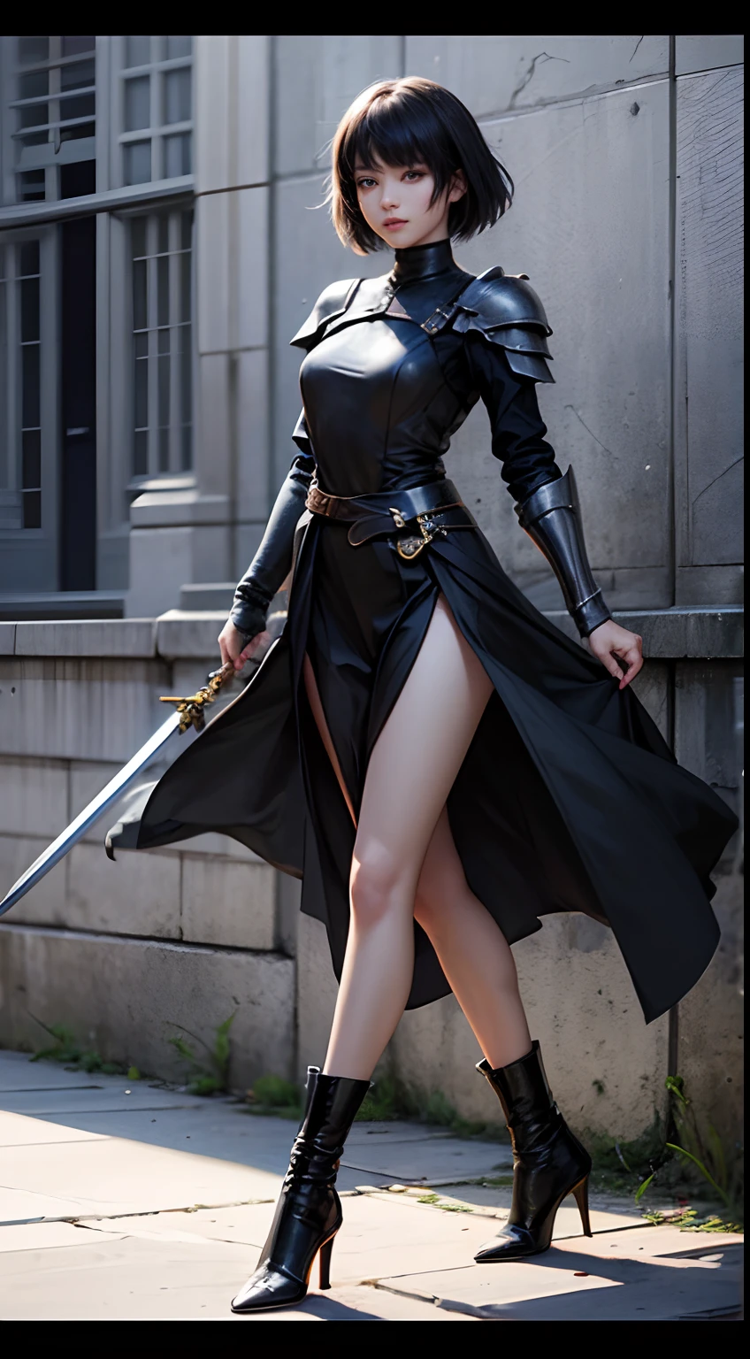 (1girl in)、Solo、1womanl、Pretty women、20yr old、a woman in armor、short-hair、Looking at the camera、blackdress、high heels boots、Full body portrait、Woman knight、Holding a sword、Slender body、robe、sacred place、Perfect face and nice perfect face、Surreal concept、8K分辨率、photographic quality、Photorealistic、A detailed eye、Smile、of the highest quality、masutepiece、、blood on chest, blood on body, hand on wall、