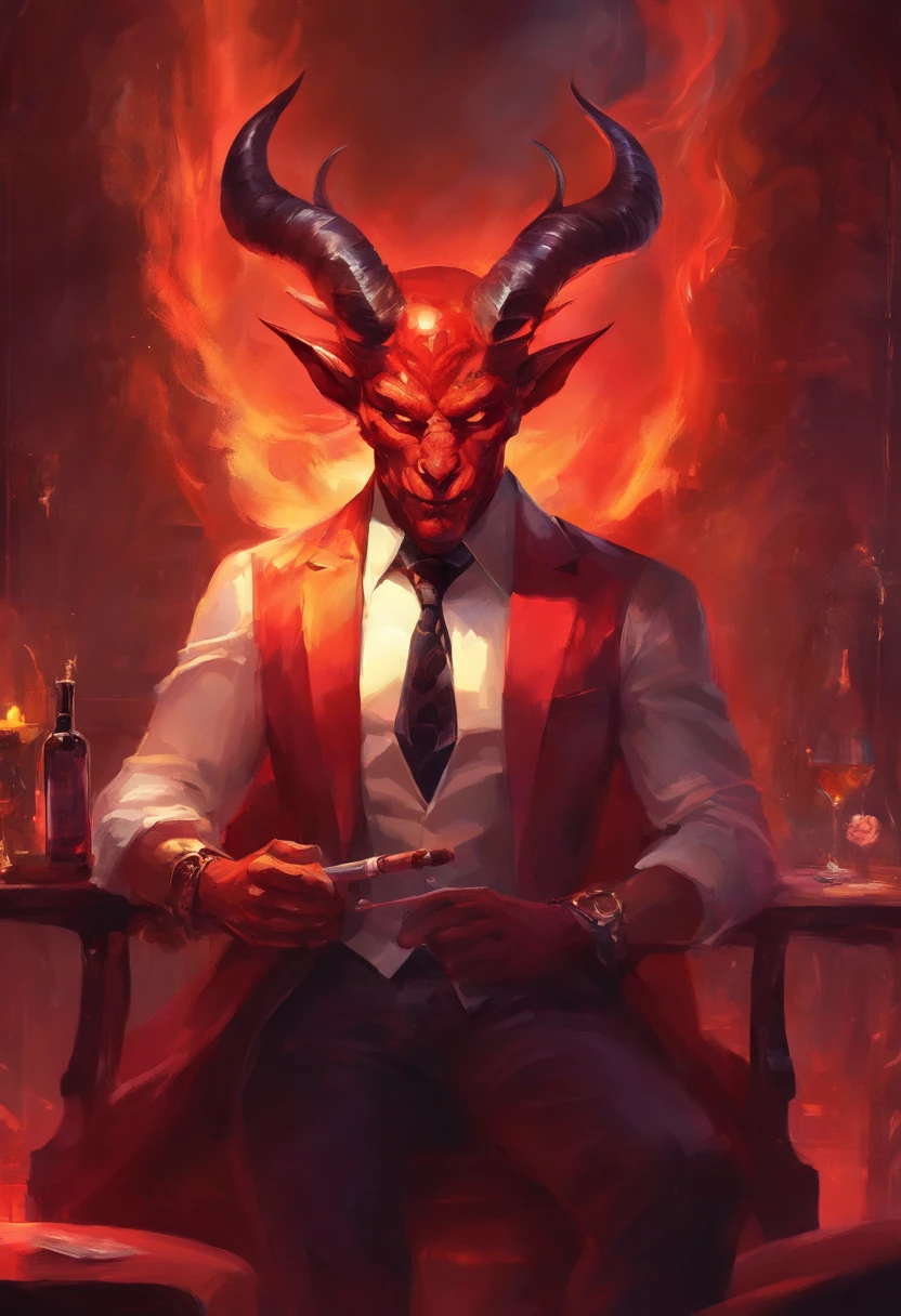 red skinned male fully horned demon wearing a suit, smoking a cigar inside of a jazz bar seductive, scary, muscular powerful