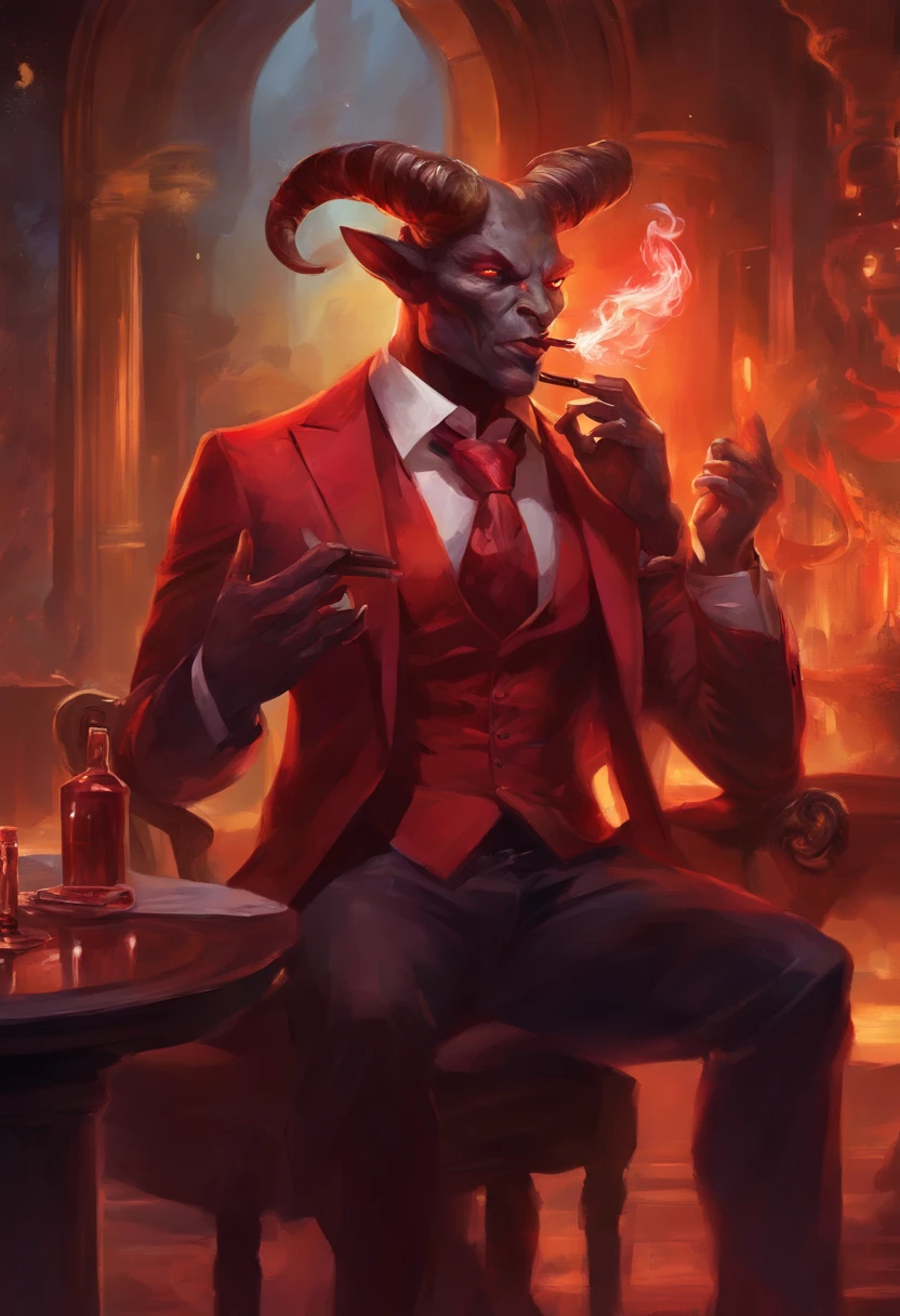 red skinned male fully horned demon wearing a suit, smoking a cigar inside of a jazz bar seductive, scary, muscular powerful