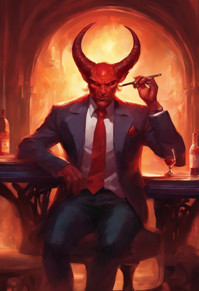 red skinned male fully horned demon wearing a suit, smoking a cigar inside of a jazz bar seductive, scary, muscular powerful