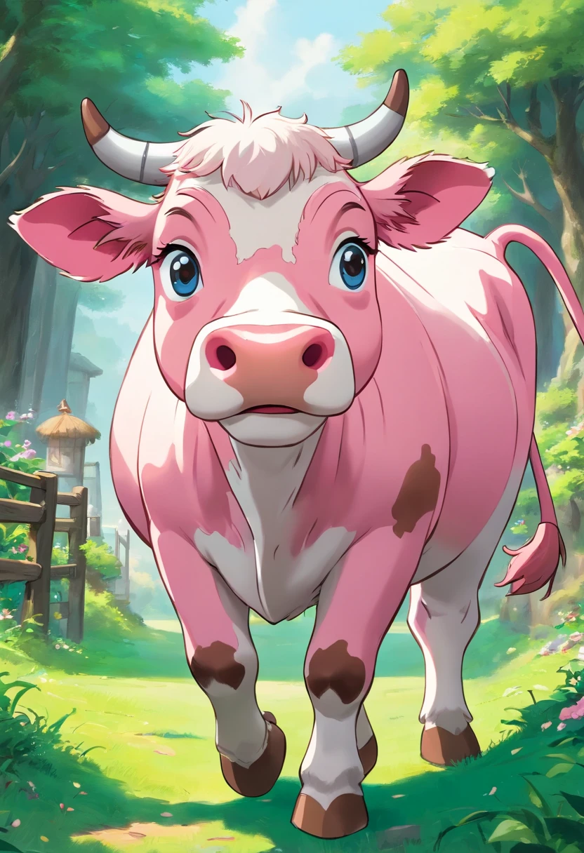 4×4 of 16 images,It is a 4-frame animation of a cartoon-style pink cow walking in front of and behind and left and right