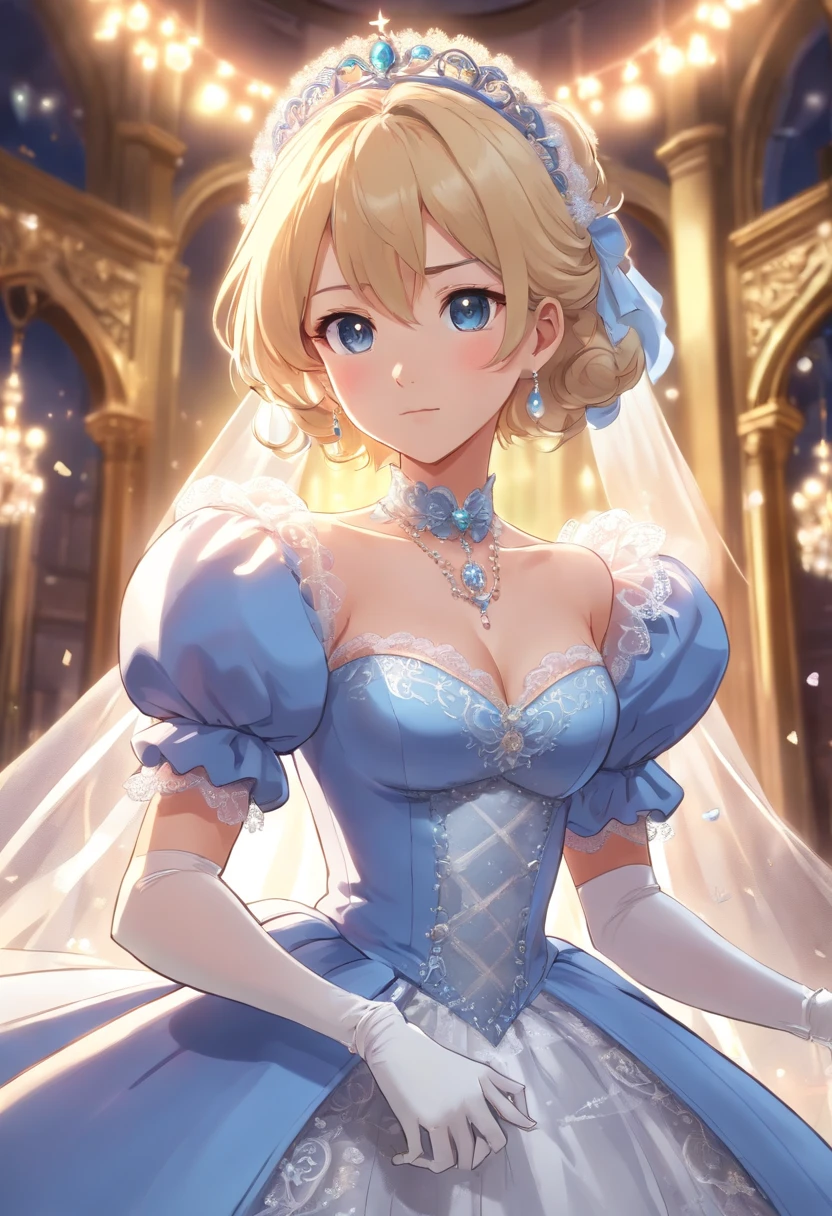 Royal Gorgeousness and Hall々and amazingly beautiful blonde fairytale princess who shines with splendor, Stately wearing (((Elaborate))) Silver and White Brocade Royal Cinderella Ball Gown, with (((Huge puff sleeve))) Hard bone, Padded and corset bodice, Hourglass waist, A (((Giant crinoline hoop skirt))) And (((bustling))), Decorated with ribbons, the bow, roses, Lace, frilld, frilld, embroidery, And gems, Exquisitely curled and styled hair, long white gloves, Pearl and diamond necklace and earrings
