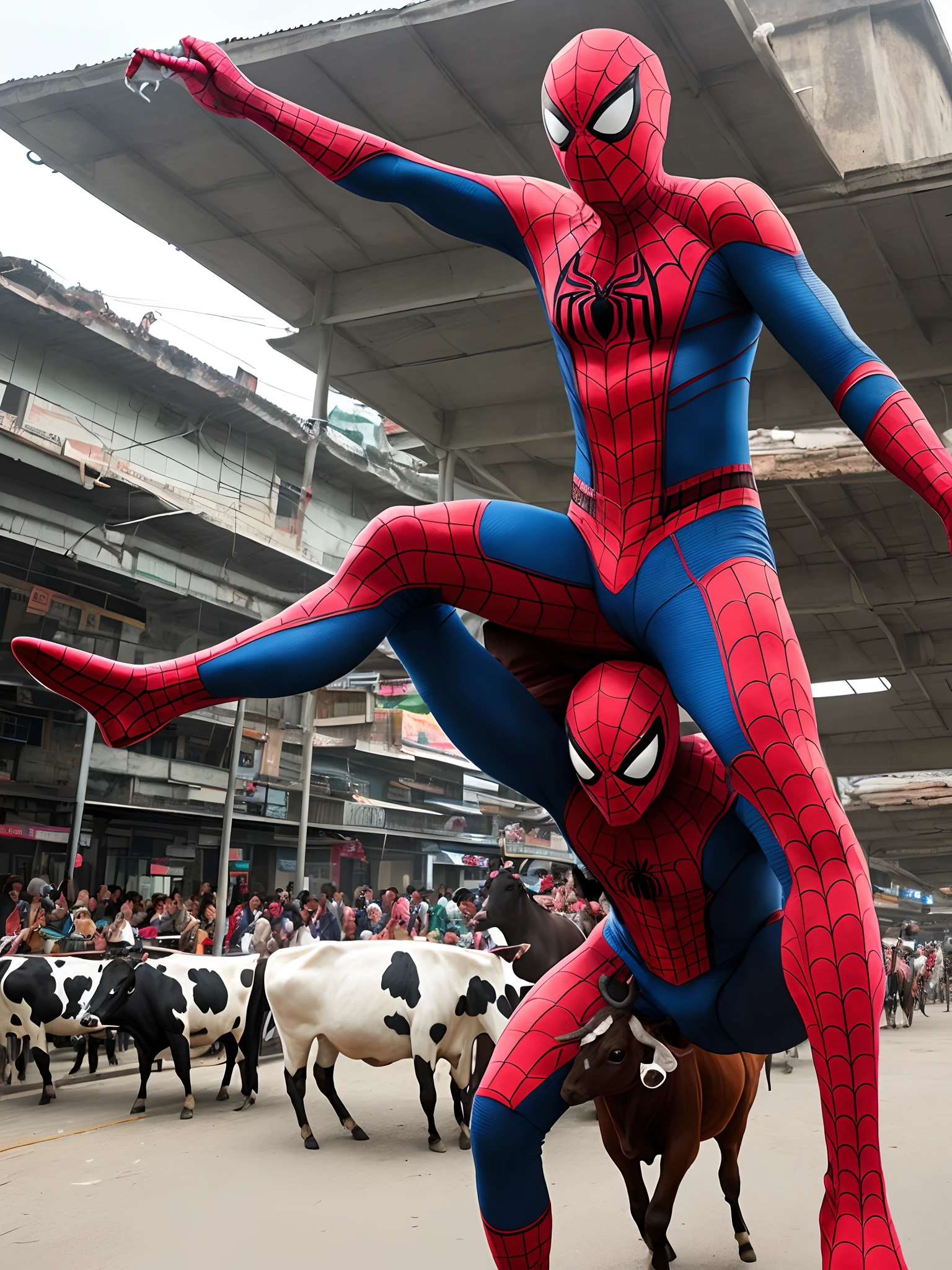 Spider man is riding cow at Yangon city
