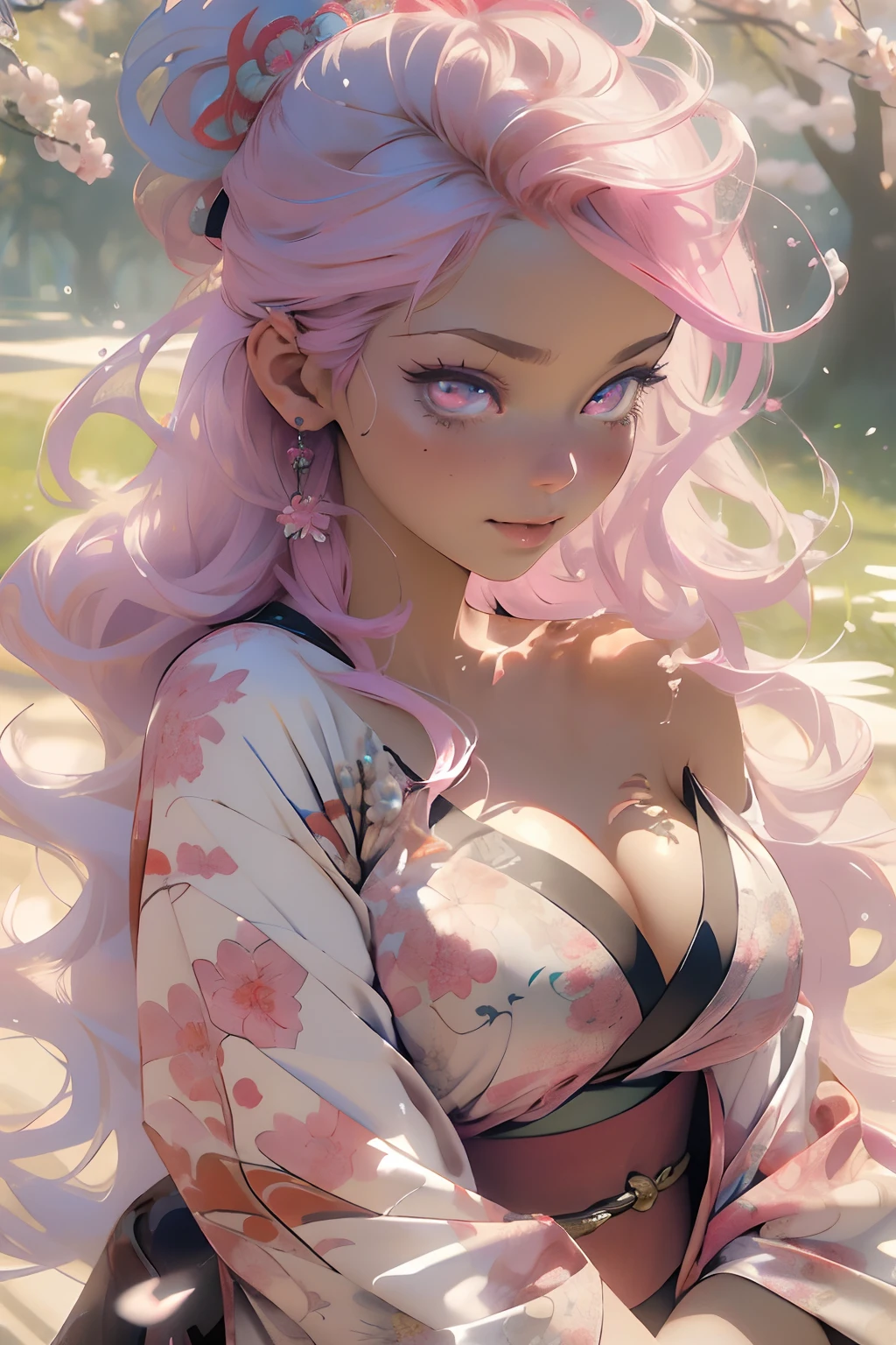 The most beautiful and sexy cherry blossom goddess, pink colored hair, vibrant red eyes, long detailed eyelashes, huge enormously gigantic tits, cleavage showing, wearing the most beautiful highly detailed kimono and ribbon, white angel wings, tons of tattoos and piercings, melancholy lighting, quiet, calm, brightness, masterpiece, best quality, 1man, (JinxLol:1.2), (ultra photorealistic:1.3), (masterpiece:1.4), best quality, ((realistic)), high quality, ultra detailed, ((real image)), ((realistic skin)), ((realistic face)),(illustration:1.05), (beautiful:1.05), (beautiful detailed eyes:1.05), (cinematic light:1.1), light blue highlights, full body, cherry blossoms blowing in the wind, magical enchanted kingdom background