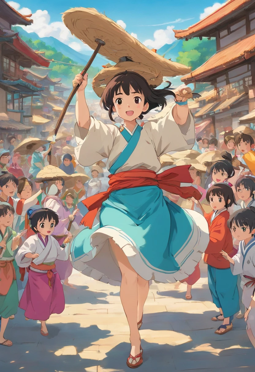 The Zhuang people are gathering to prepare for the Gyro Festival，Someone is moving things，Someone is talking，A dozen people，Stand in the open space of the village，More than a dozen people were dressed in ethnic minority clothes