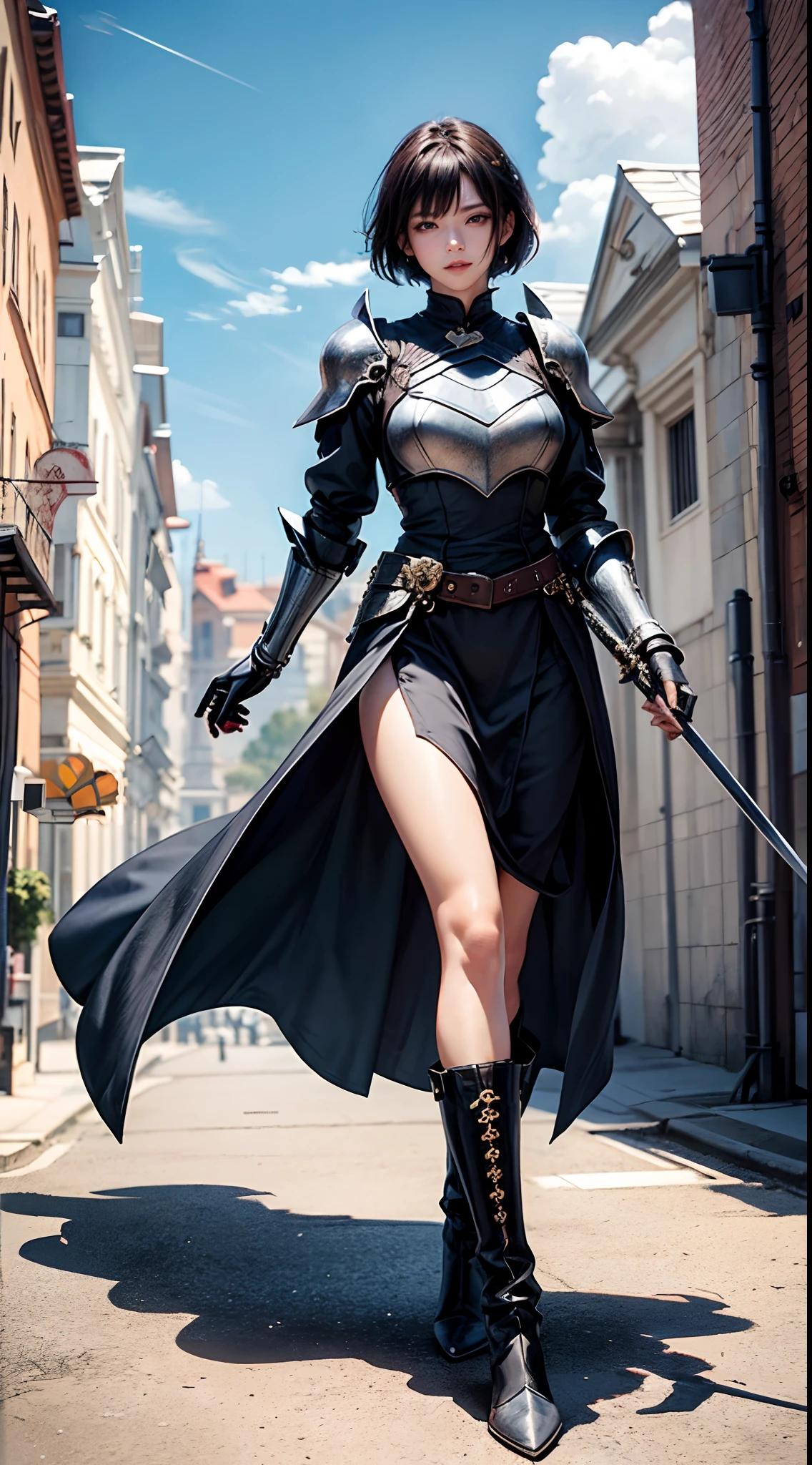 （1girl in）、Solo、1womanl、Pretty women、20yr old、a woman in armor、short-hair、Looking at the camera、blackdress、high heels boots、Full body portrait、Woman knight、Holding a sword、Slender body、robe、sacred place、Perfect face and nice perfect face、Surreal concept、8K分辨率、photographic quality、Photorealistic、A detailed eye、Smile、of the highest quality、masutepiece、、Blood in armor, blood on body, Blood on the walls、