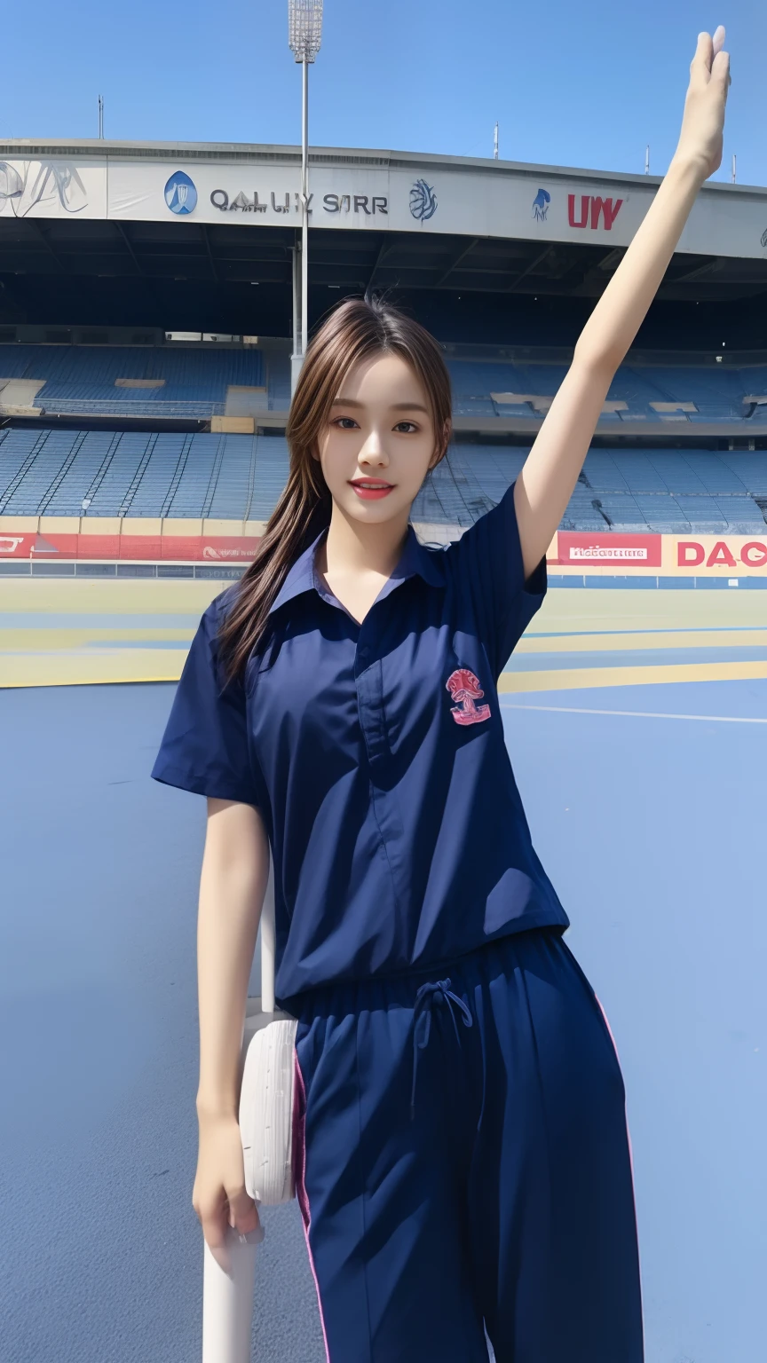 (bestquality,10,10,highres,masterpiece:1.2),ultra-detail,(Realistic,photorealistic portrait,photo-realistic:1.37),1 cute girl sitting on the football field,oily shiny skin,bara,light smile,BDclothes,((blue shirt:1.3)),short sleeves,shirt, trousers.,(navy_long_Pants Track:1.1), ((Stadium Background:1.3)),dynamic angle,excited,face focus,Dynamic Poses,from behide,Ass Focus,masterpiece, bestquality, ultra realistic, hyper-detail, 8k resolution, RAW photo, crisp focus, ((Navy blue shirt:1.1)), short sleeves, Long Path, Perfect body, 2 mature women, 18yo, cinematic light,Blue sweatpants,Gymware,Correct anatomy,Complete body, Correct body, sharp face, Anatomically correct body, full entire body, Realistic gestures, long-haired, Realistic poses,Wear long shorts...................,Long leg span,Shapely,Sculpting Girl, Slender Figure, mannequin mannequins, Shapely, Beautiful body,Blue sweatpants