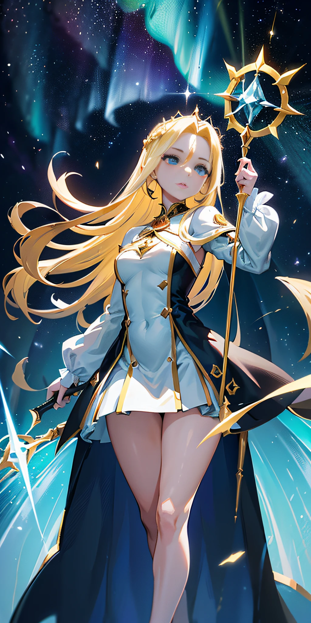 random view of the 4 cardinal points, ((The Enchantress surrounded by blue-gold energy mystical aurora with chaotic astral appearance, rays of light, atmosphere of chaos, field of fire and glowing fathoms)), (she has a symmetrical, angular and expressive face. Her eyes are green, her nose and mouth are medium in size. Her cheekbones are high and prominent, and her forehead is wide), (she is a tall and slender woman, with long blonde hair, her skin is pale. She wears a white dress with long sleeves and 30% miniskirt, bare thighs), The Sorceress comes with her winged helmet and the Staff of Zoar, legs open, standing in the main hall of the castle, intricate details, back side lighting, background golden blue mystical energy around