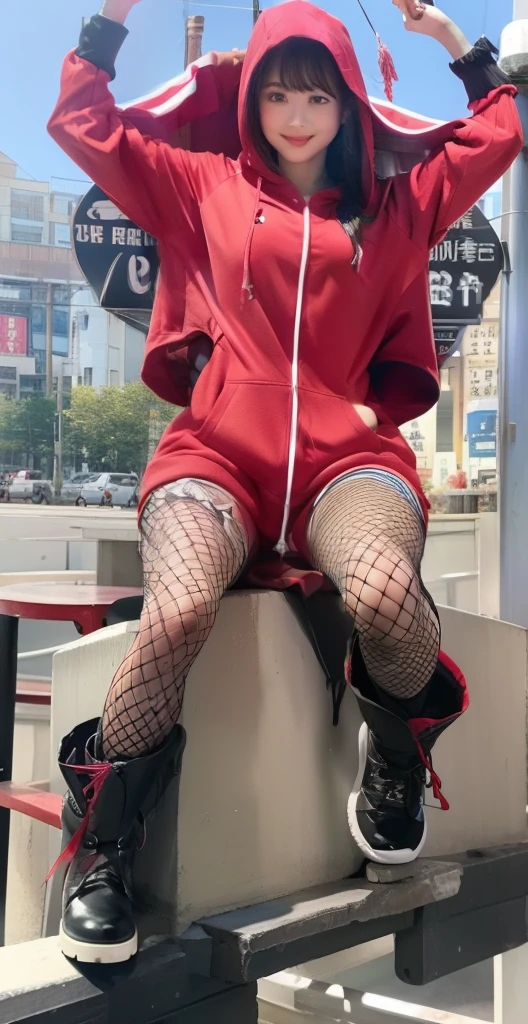 infp young woman、Good Style、、Shiny red hooded outfit、Idol face、large full breasts、、Shorts、Colorful fishnet tights、long boots