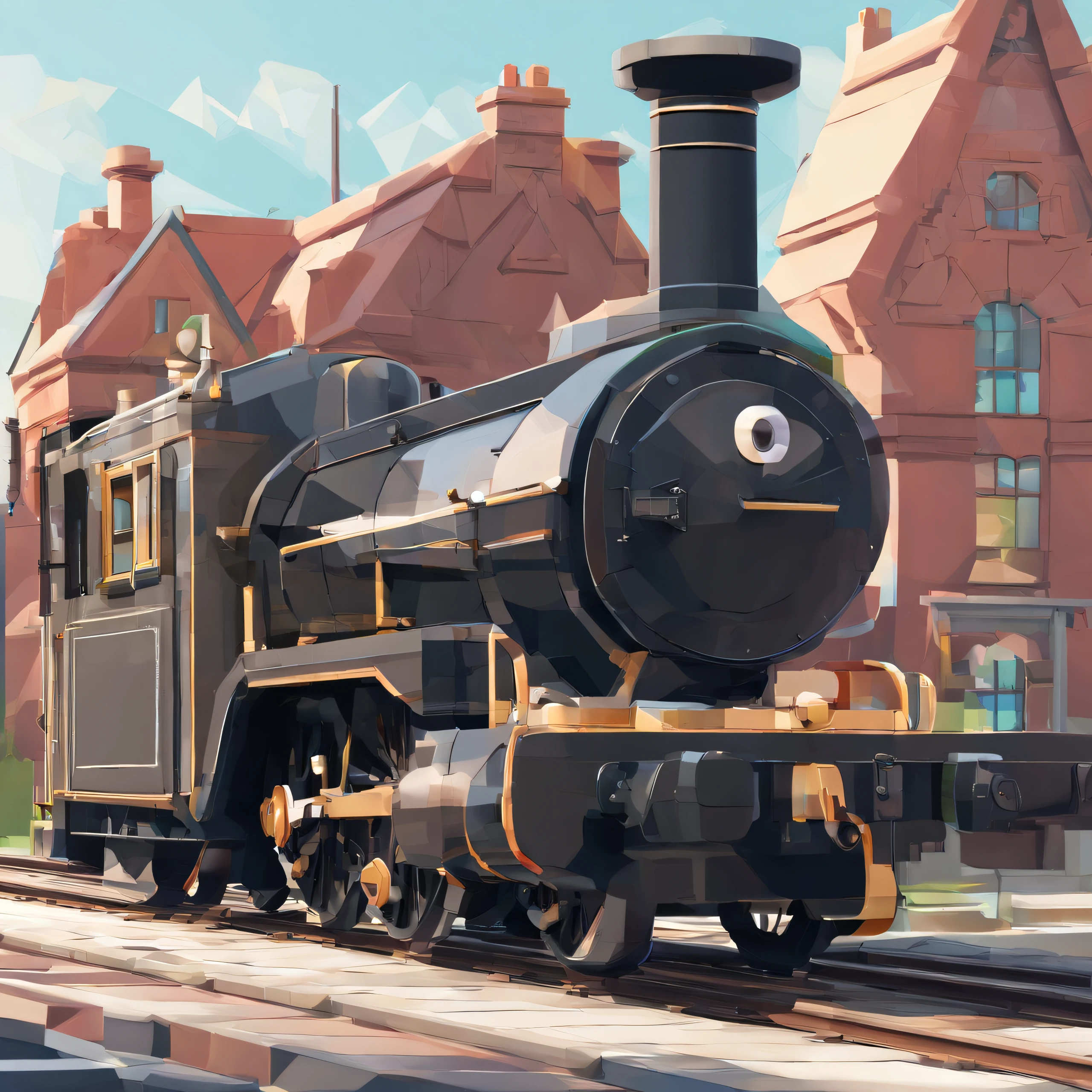 cartoony,Early steam age,British street scene,The main body is a steam locomotive emitting white smoke,Top-down view